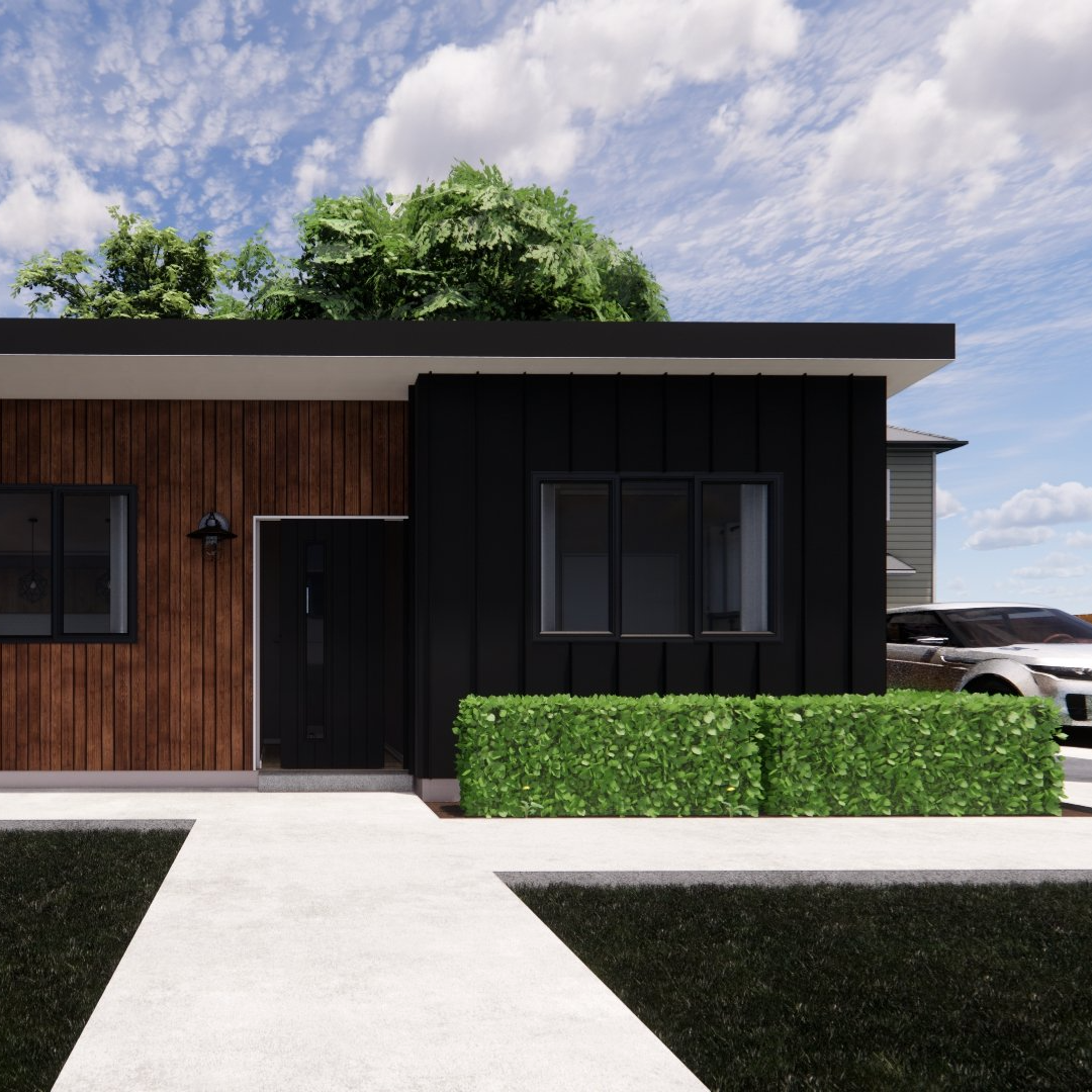A small house with a car parked in front of it