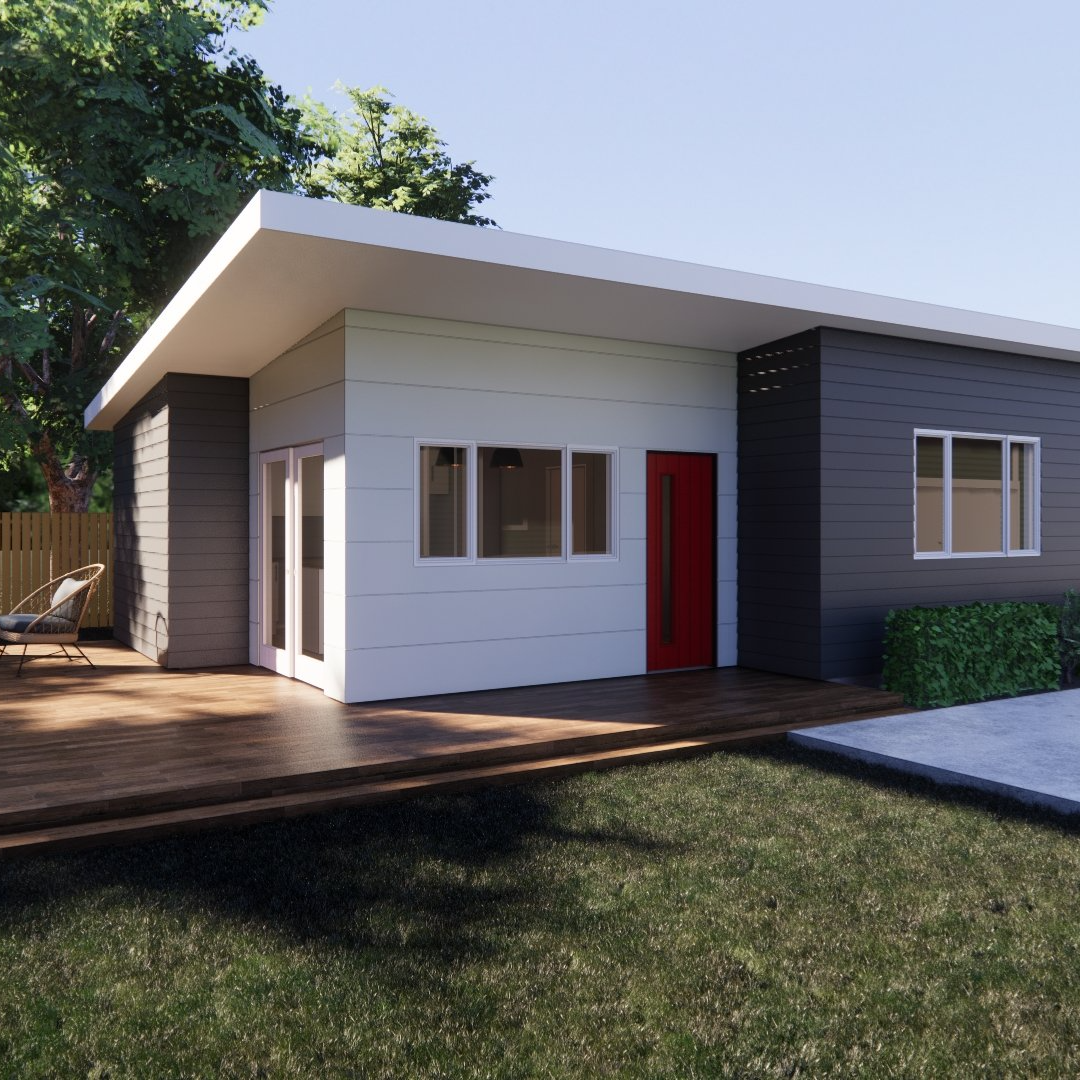 An artist 's impression of a small house with a red door