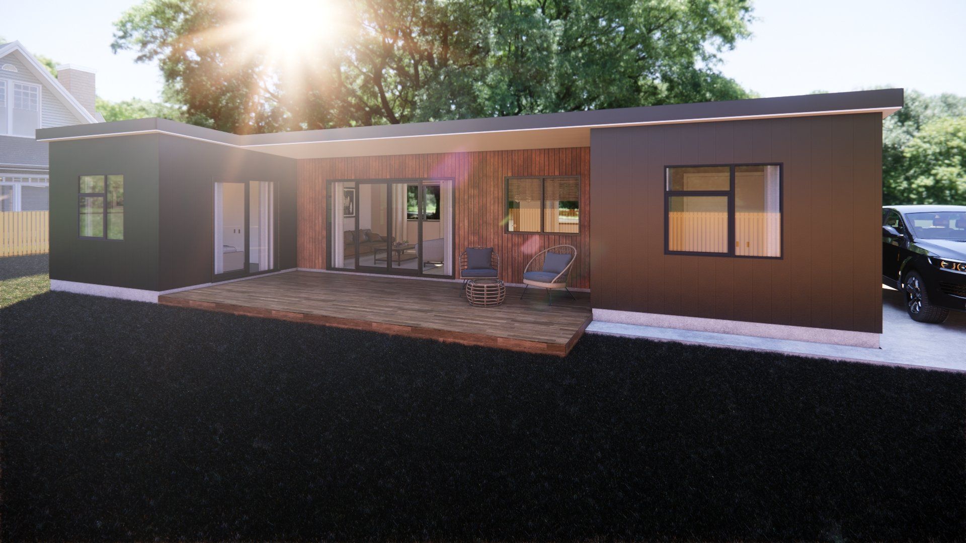 An artist 's impression of a house with a car parked in front of it.