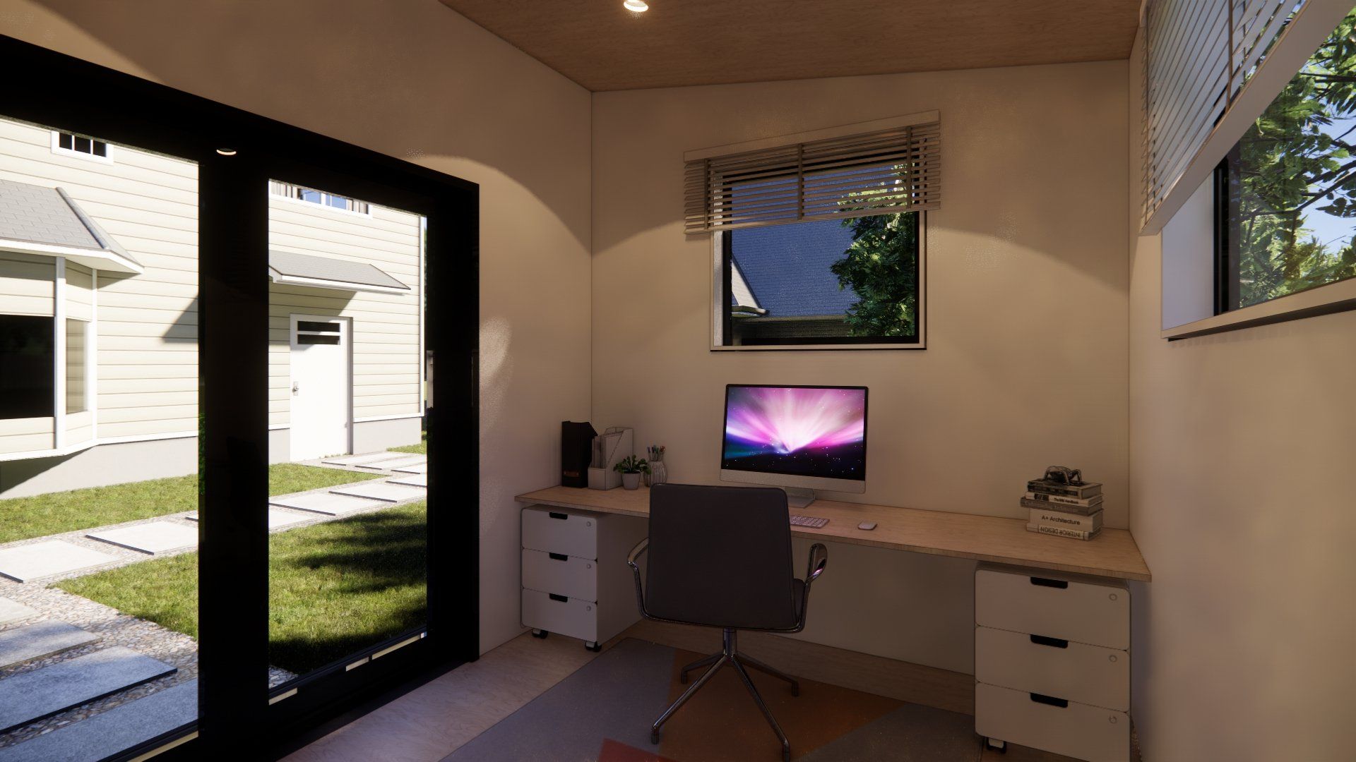 A computer is on a desk in a room with sliding glass doors.