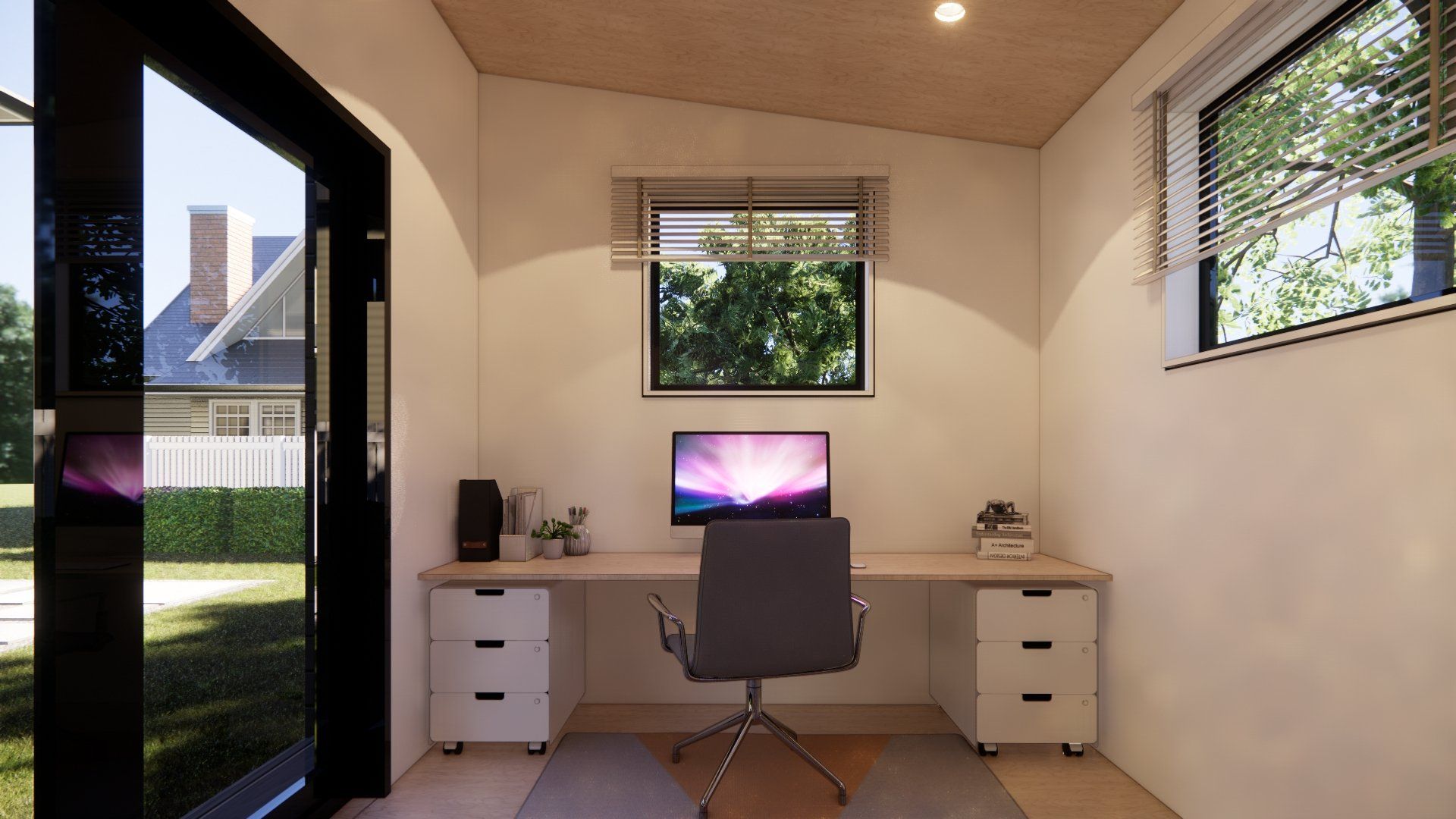 An artist 's impression of a home office with a desk and chair.