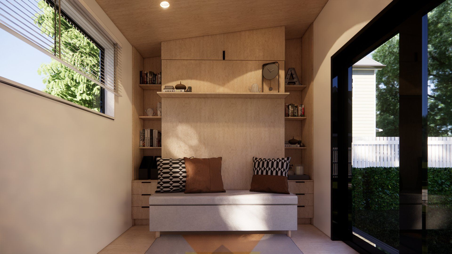 A living room with a couch and a sliding glass door.