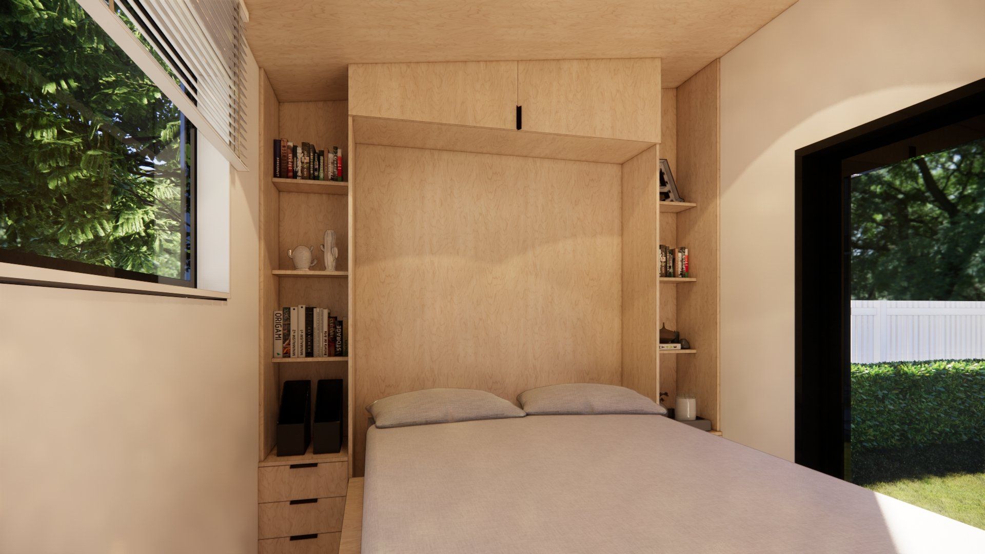 A bedroom with a bed , shelves , drawers and a window.