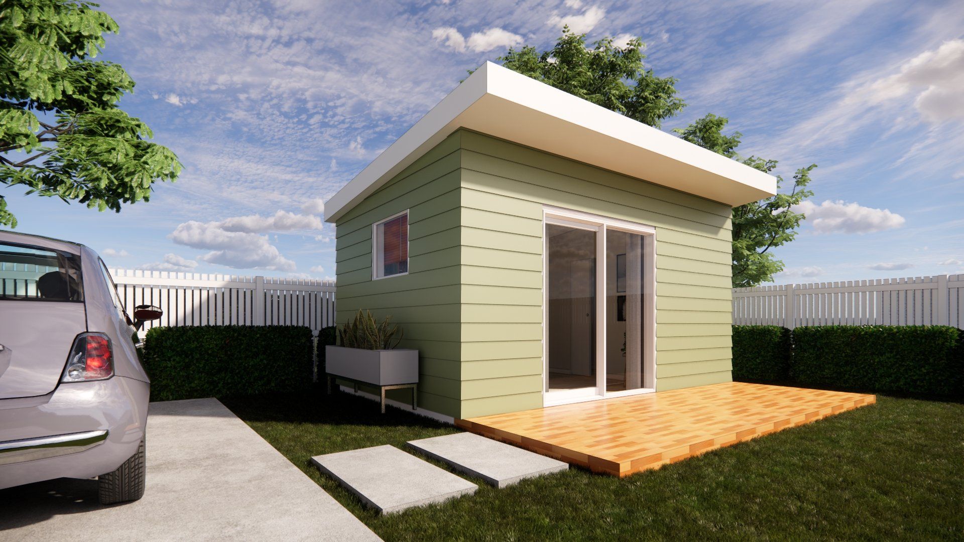 A small green house with a car parked in front of it.