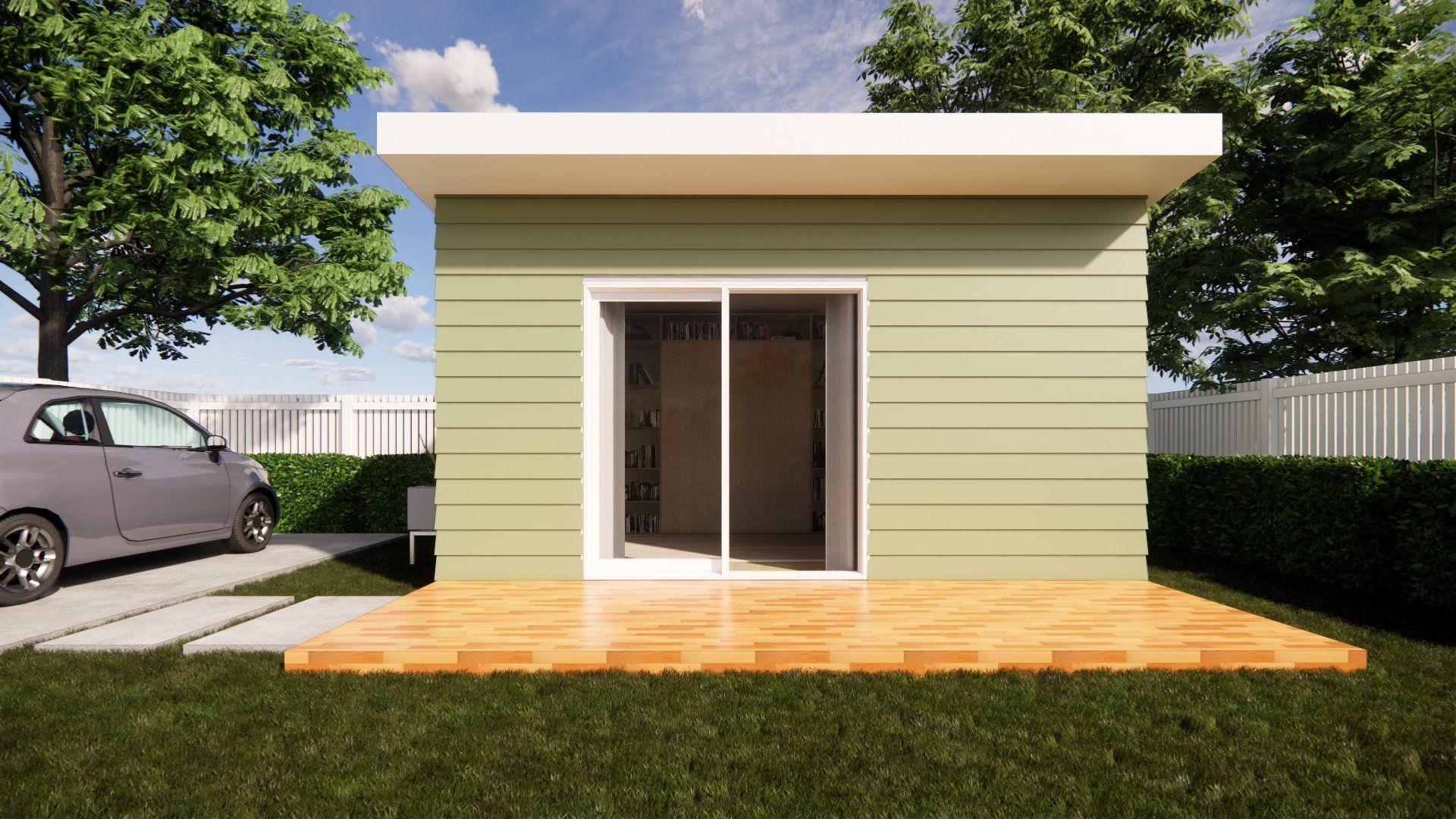 A small house with a sliding glass door and a car parked in front of it.
