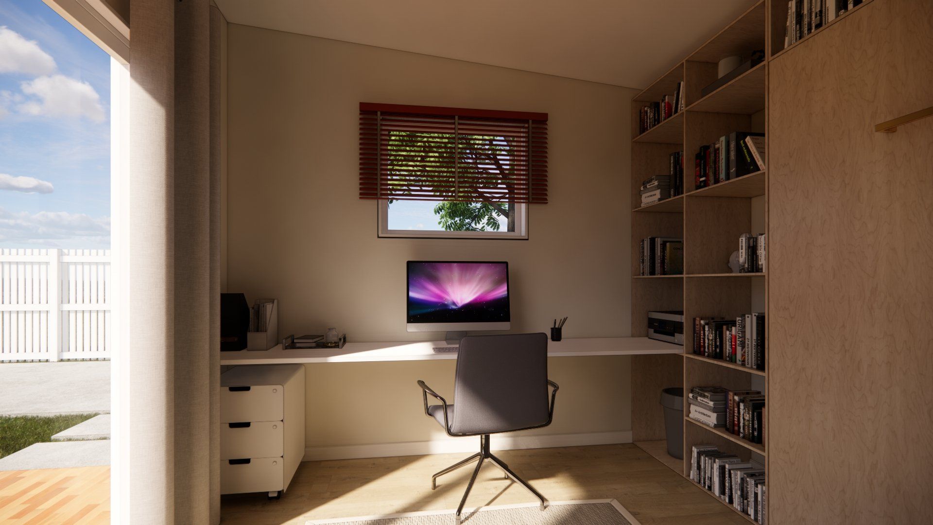 There is a computer on the desk in the room.