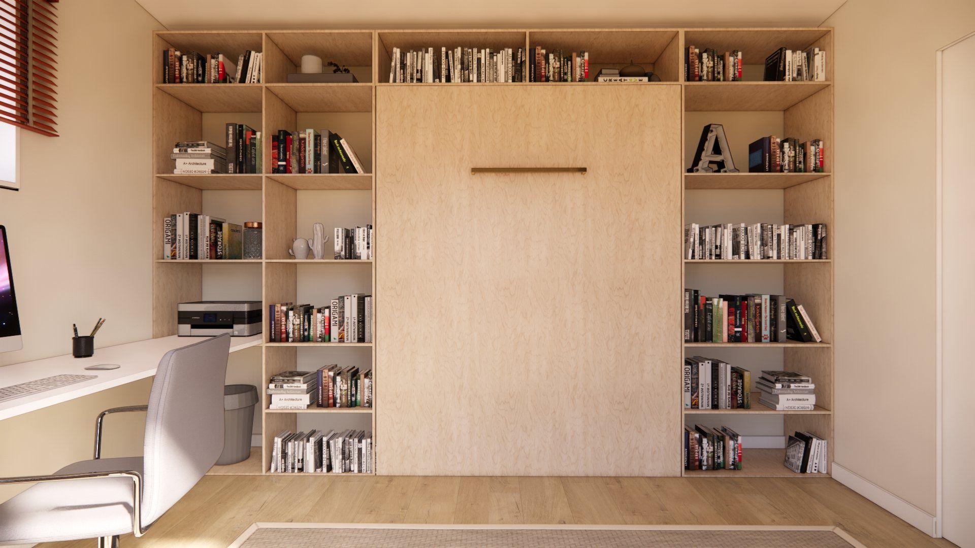 A room with a desk , chair , and shelves filled with books.