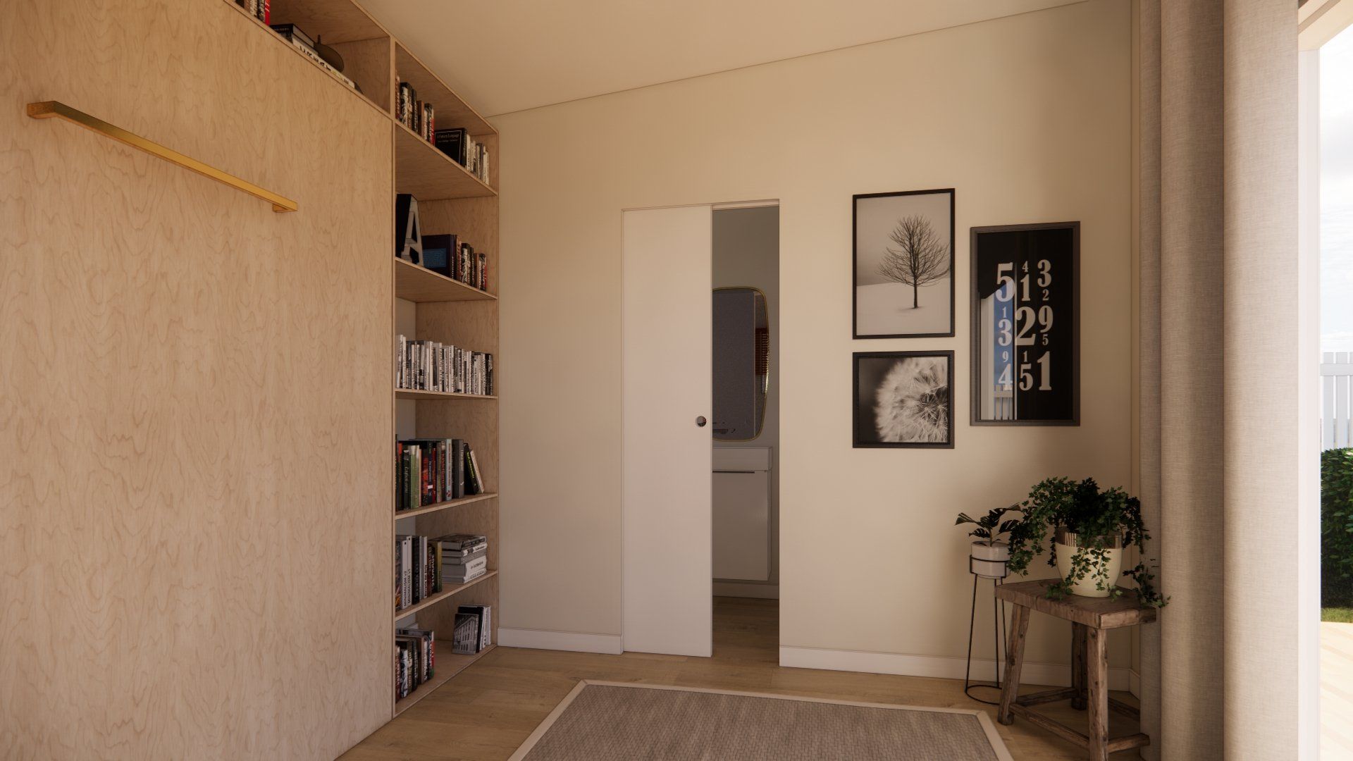 A room with a bookshelf and a table in it.