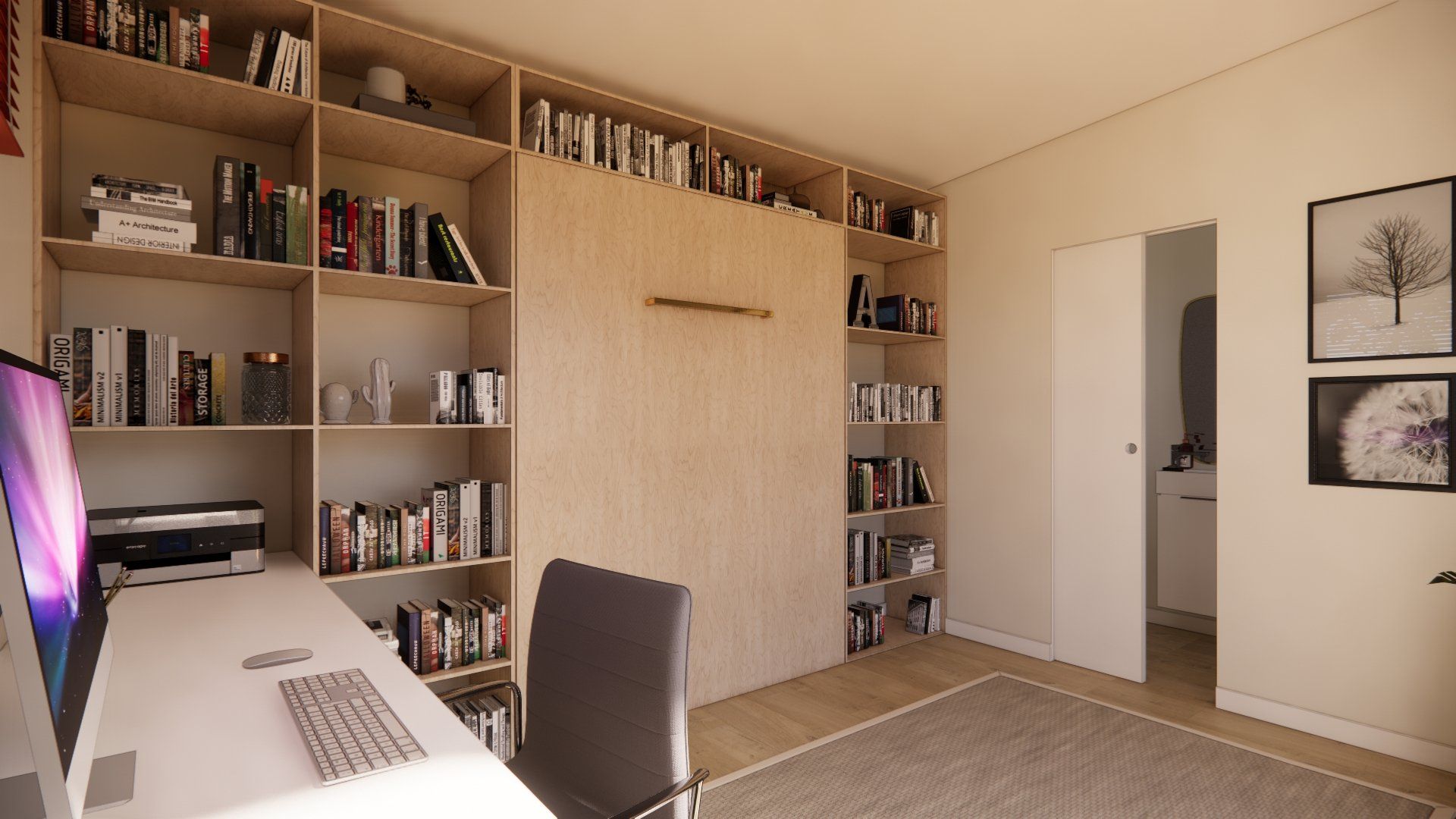 A room with a desk and a computer on it