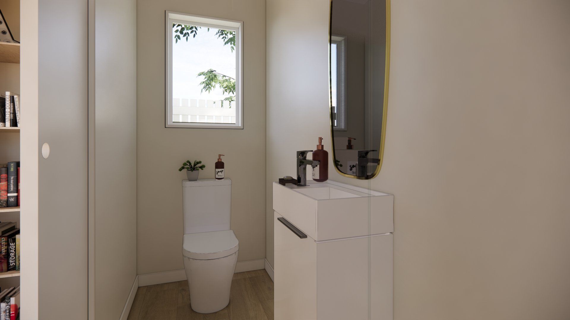 A bathroom with a toilet , sink , mirror and window.