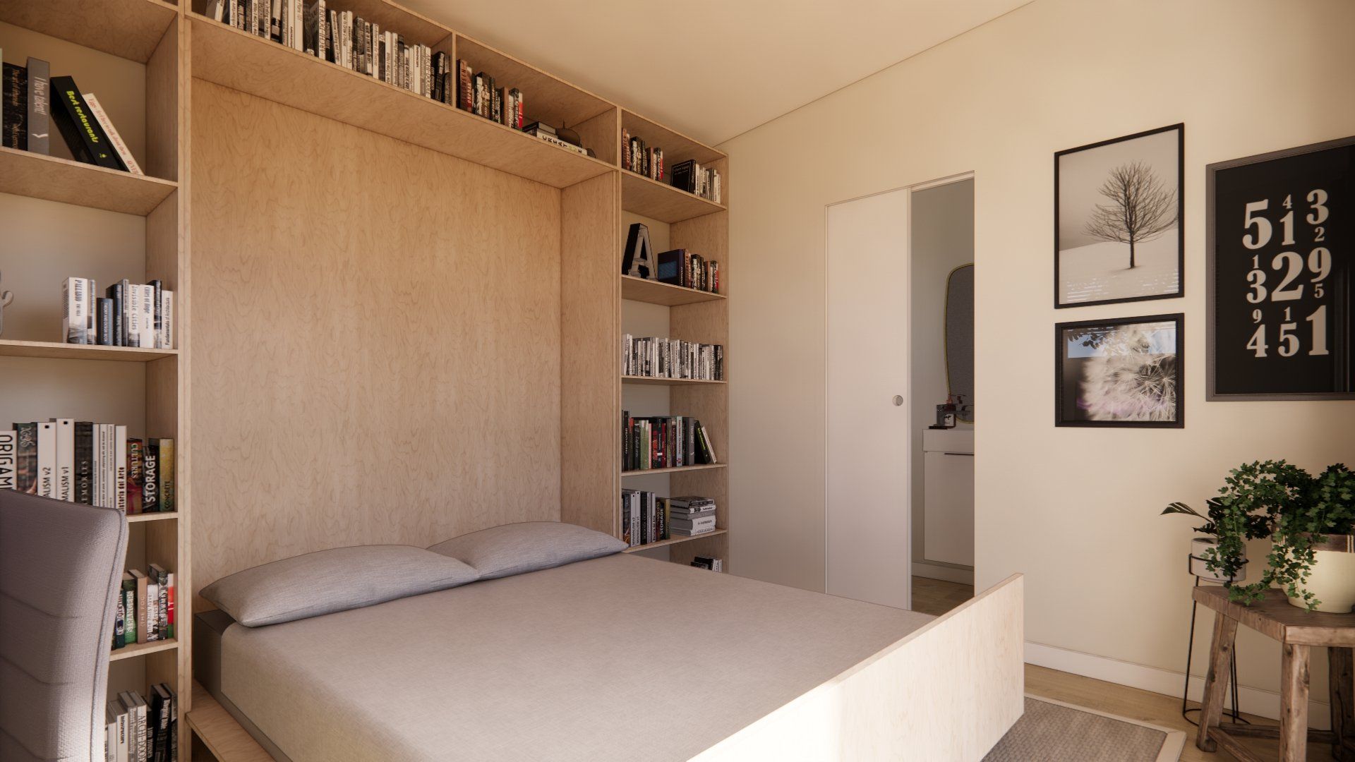 A bedroom with a bed and a bookshelf behind it.