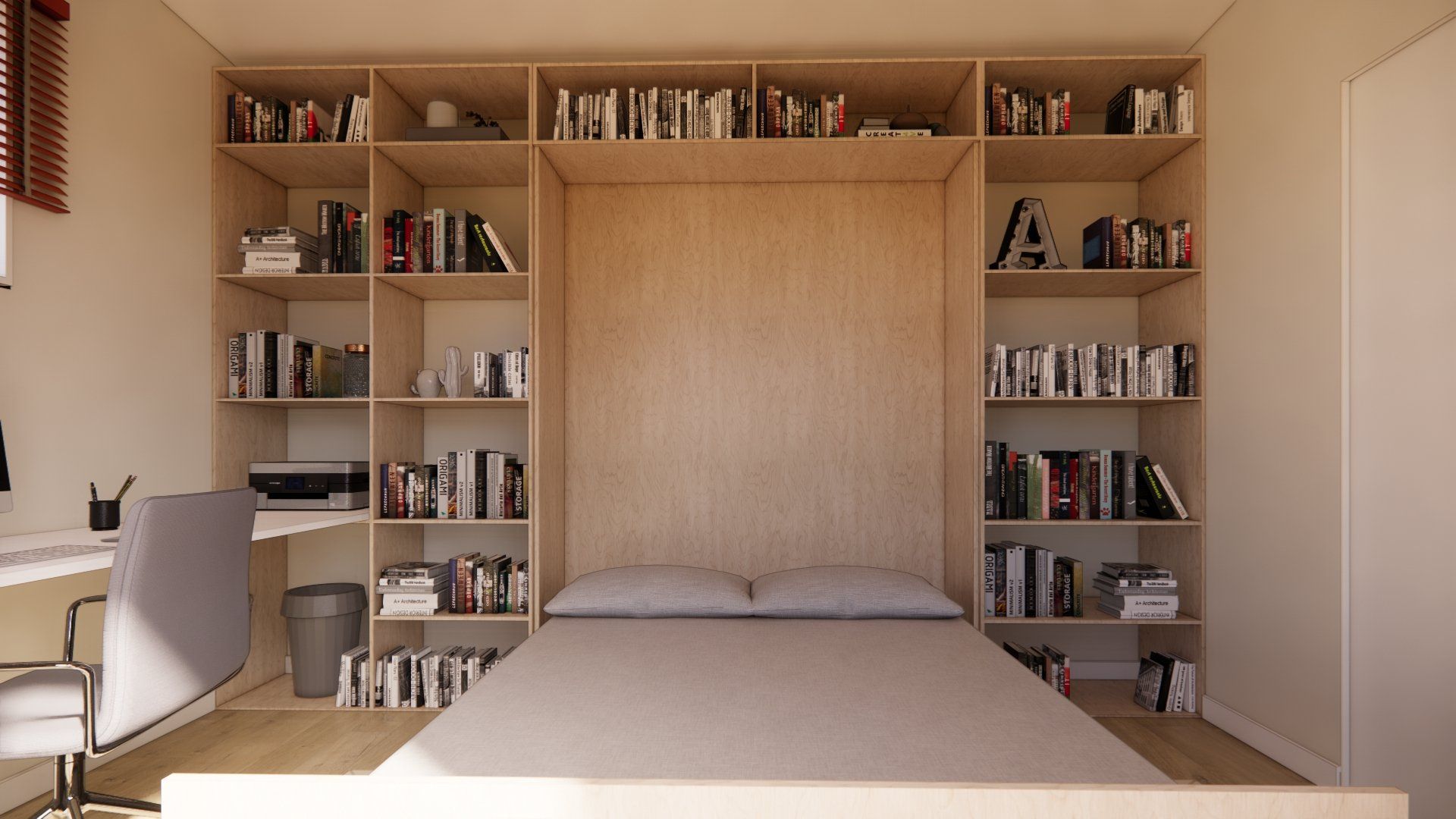 A bedroom with a bed , desk , chair and shelves filled with books.