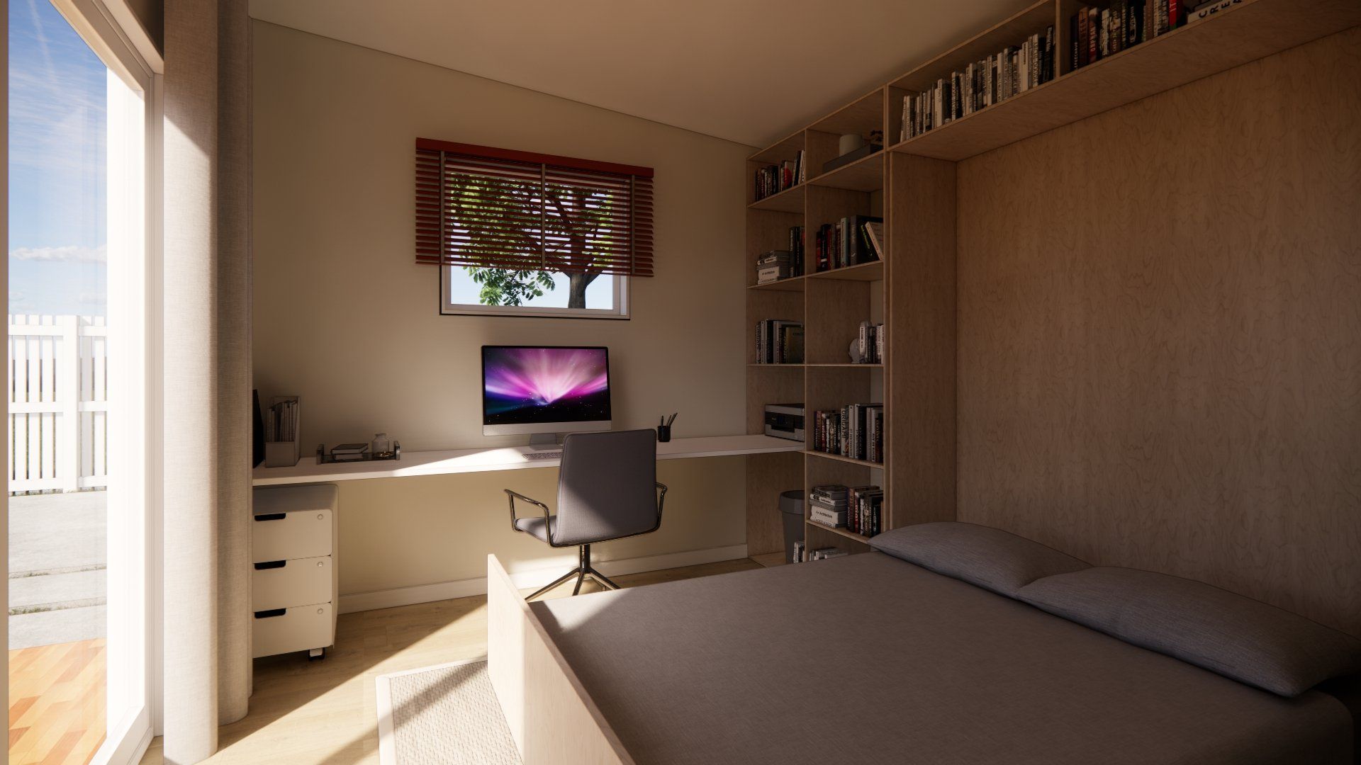 A bedroom with a bed , desk , chair and computer.