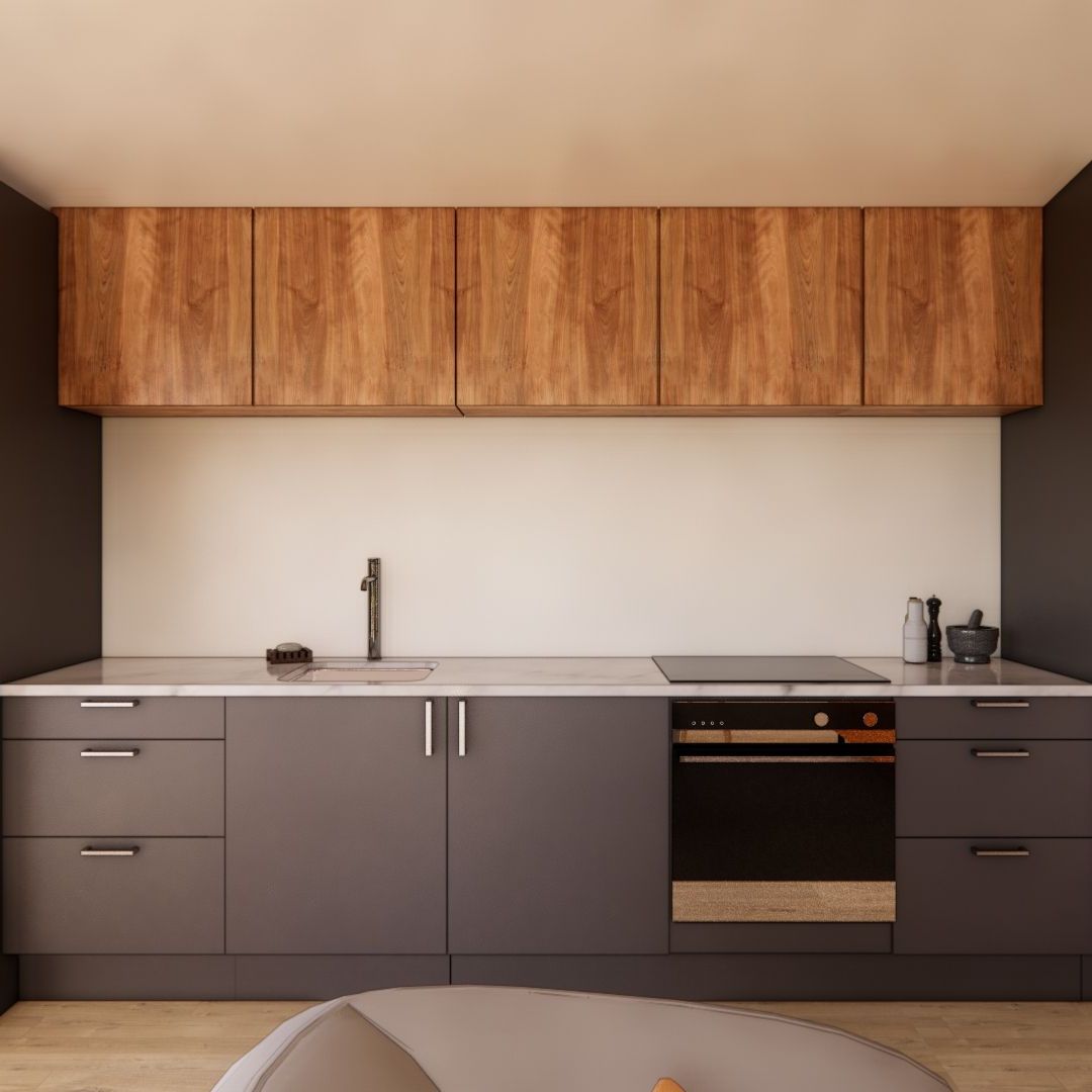A kitchen with gray cabinets and wooden cabinets