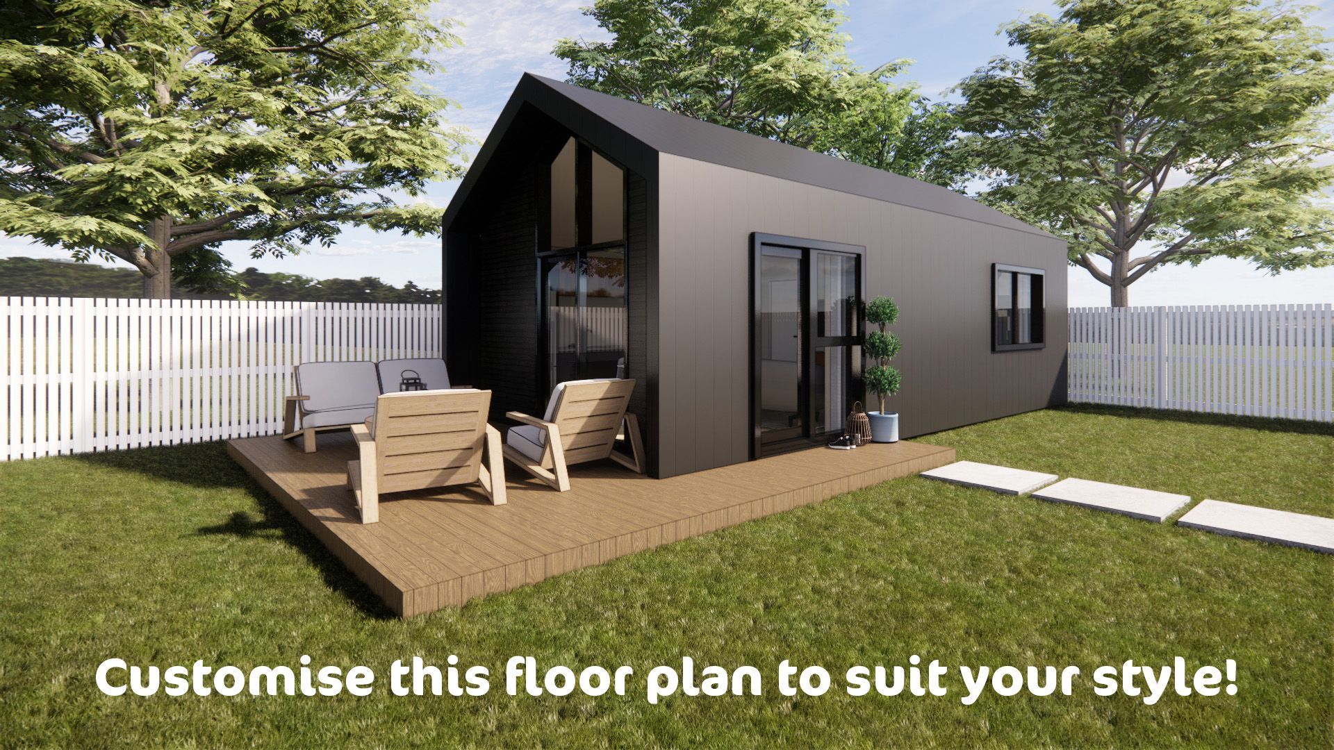 A rendering of a small house with a deck in the backyard.