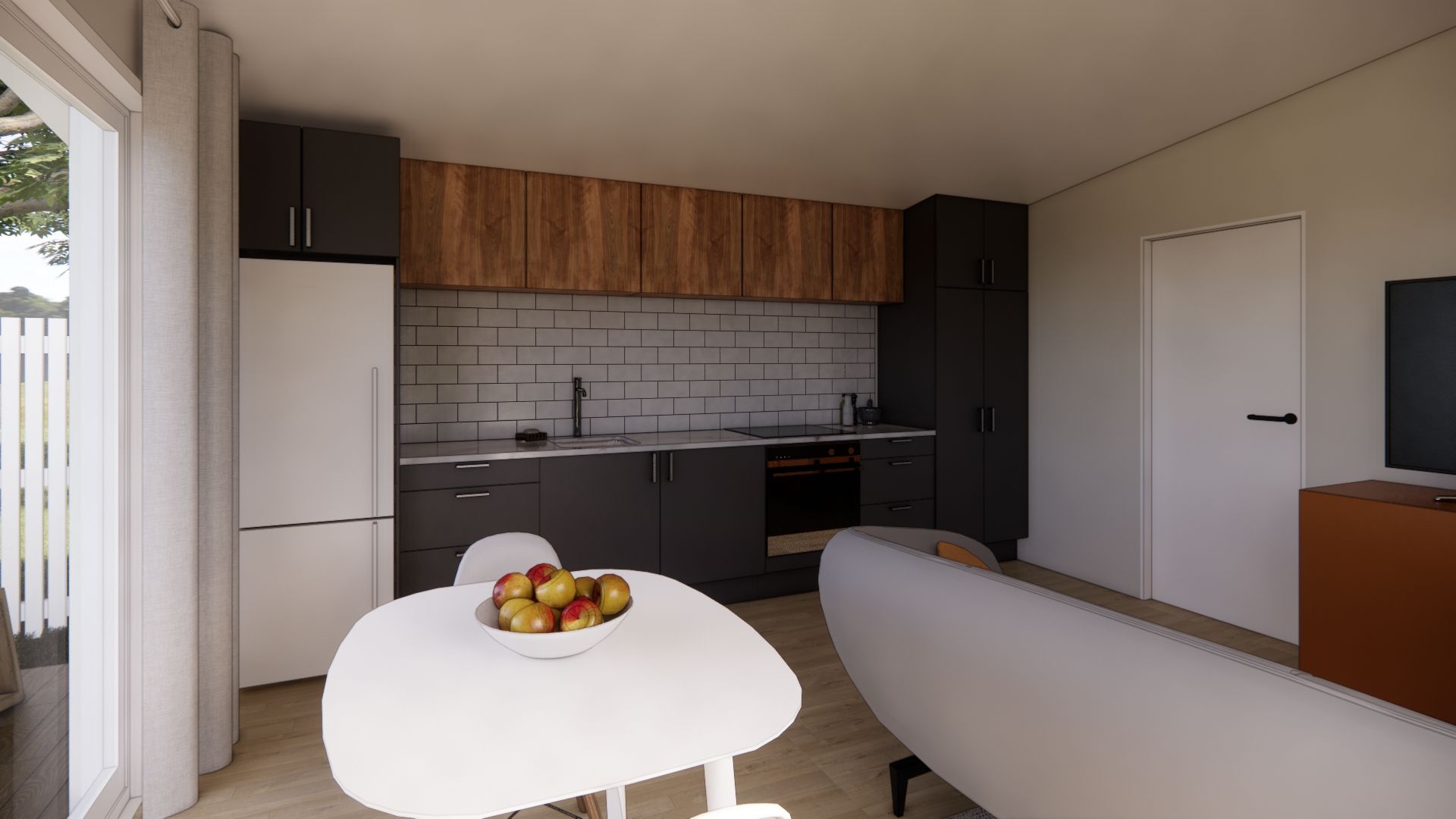 A living room with a table and a bowl of fruit on it.