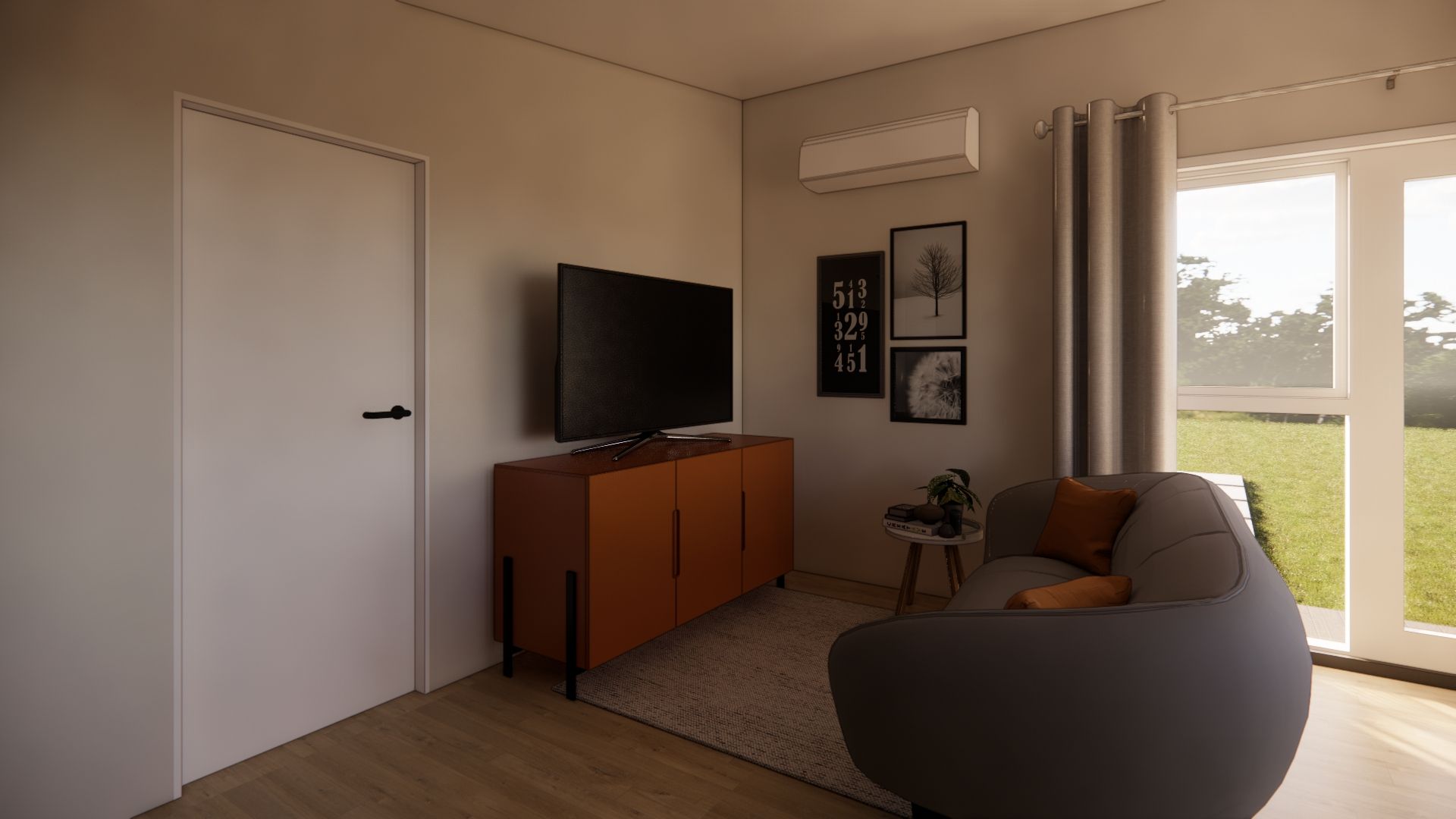 A living room with a couch and a television.