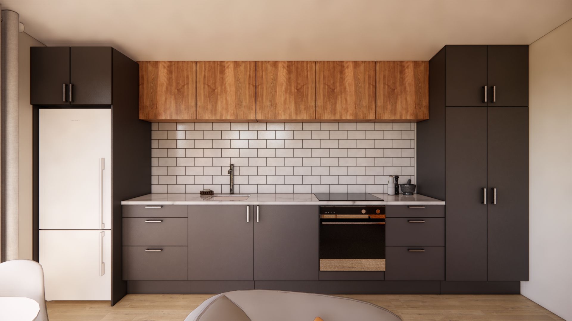 A kitchen with a refrigerator , stove , sink and cabinets.