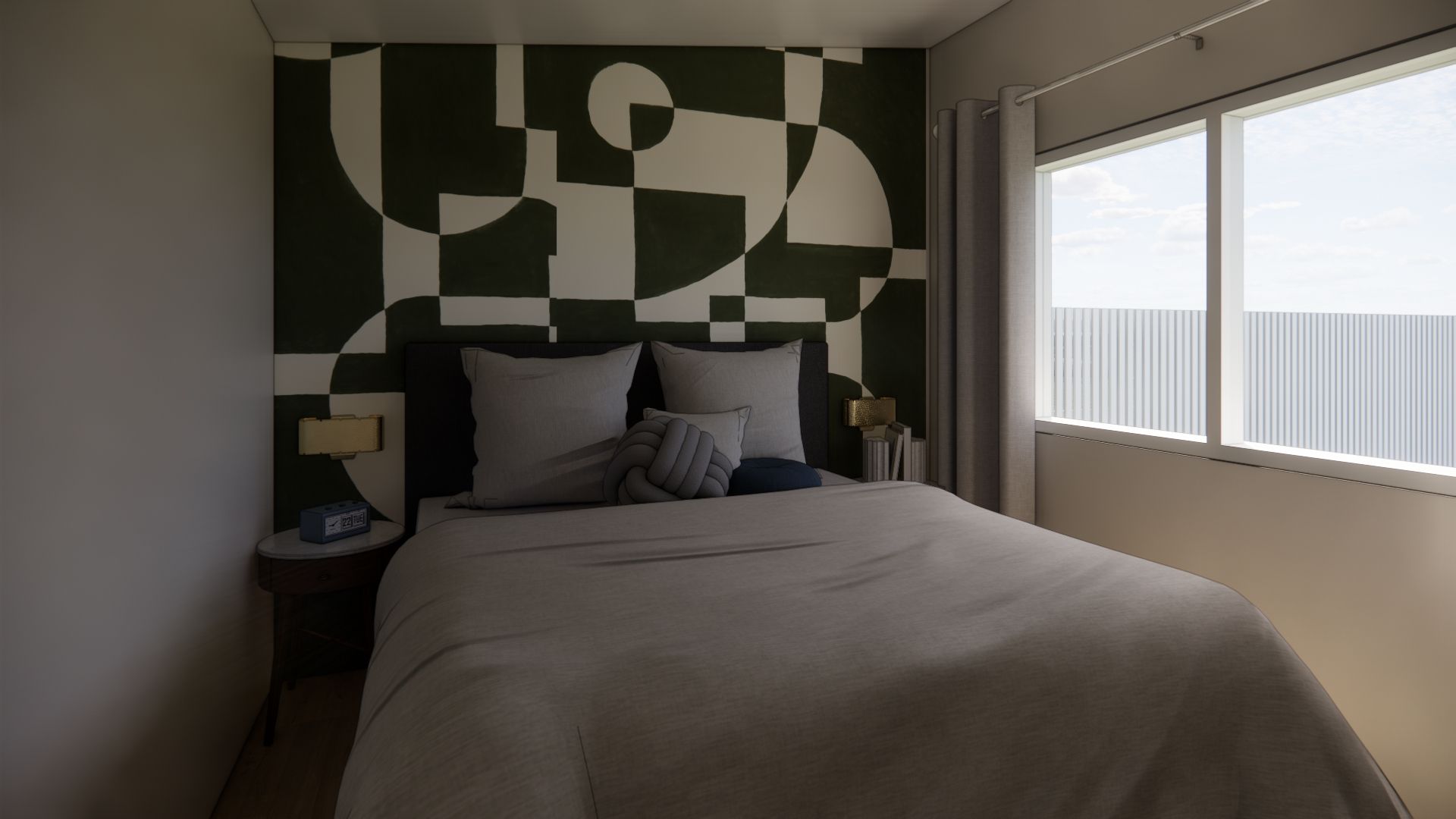 A bedroom with a bed , nightstand , and window.