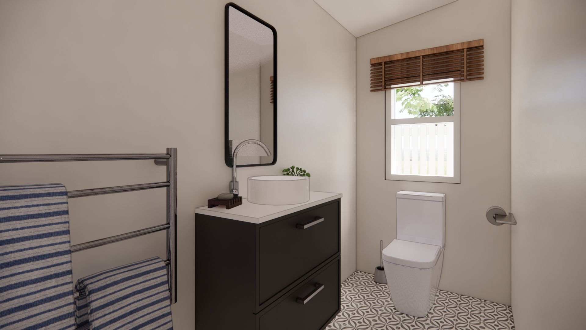 A bathroom with a sink , toilet , mirror and window.
