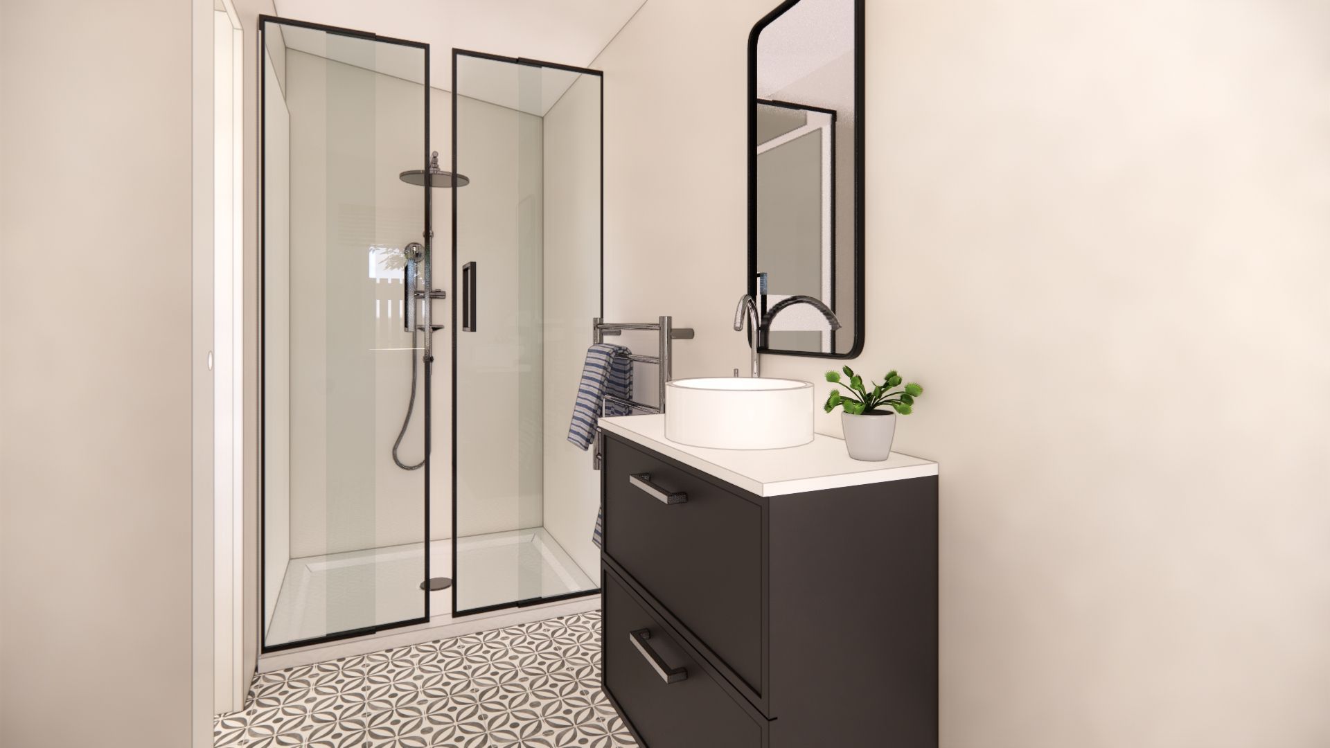 A bathroom with a sink , mirror and shower.