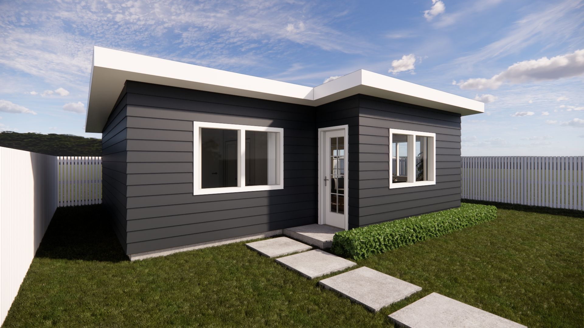 An artist 's impression of a small house with a walkway leading to it.