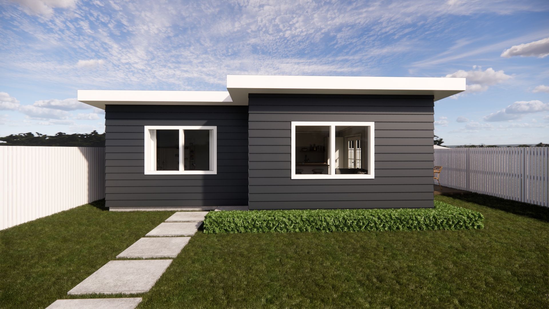 A small black house with two windows and a walkway in front of it.