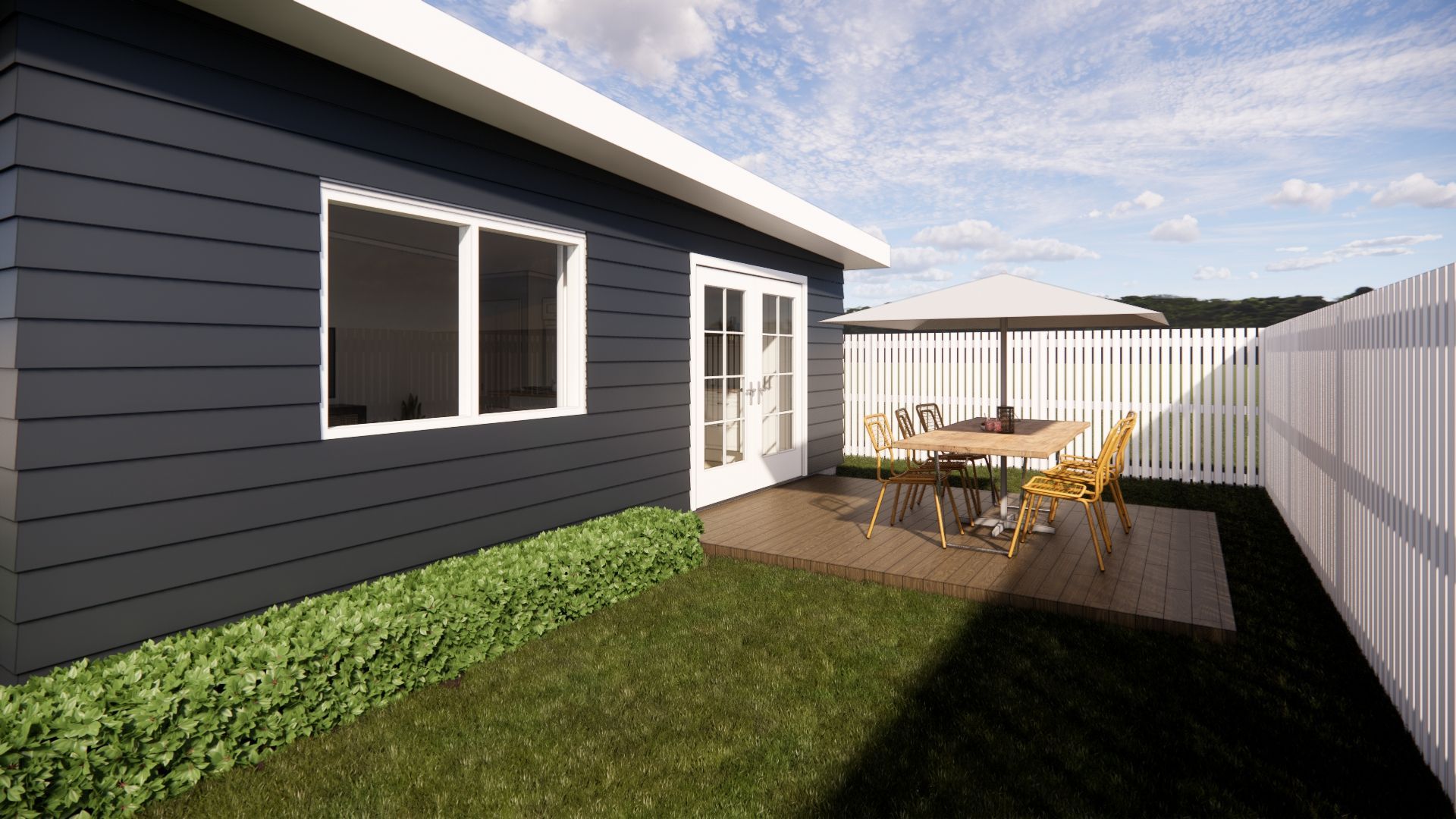 An artist 's impression of a backyard with a table and chairs.