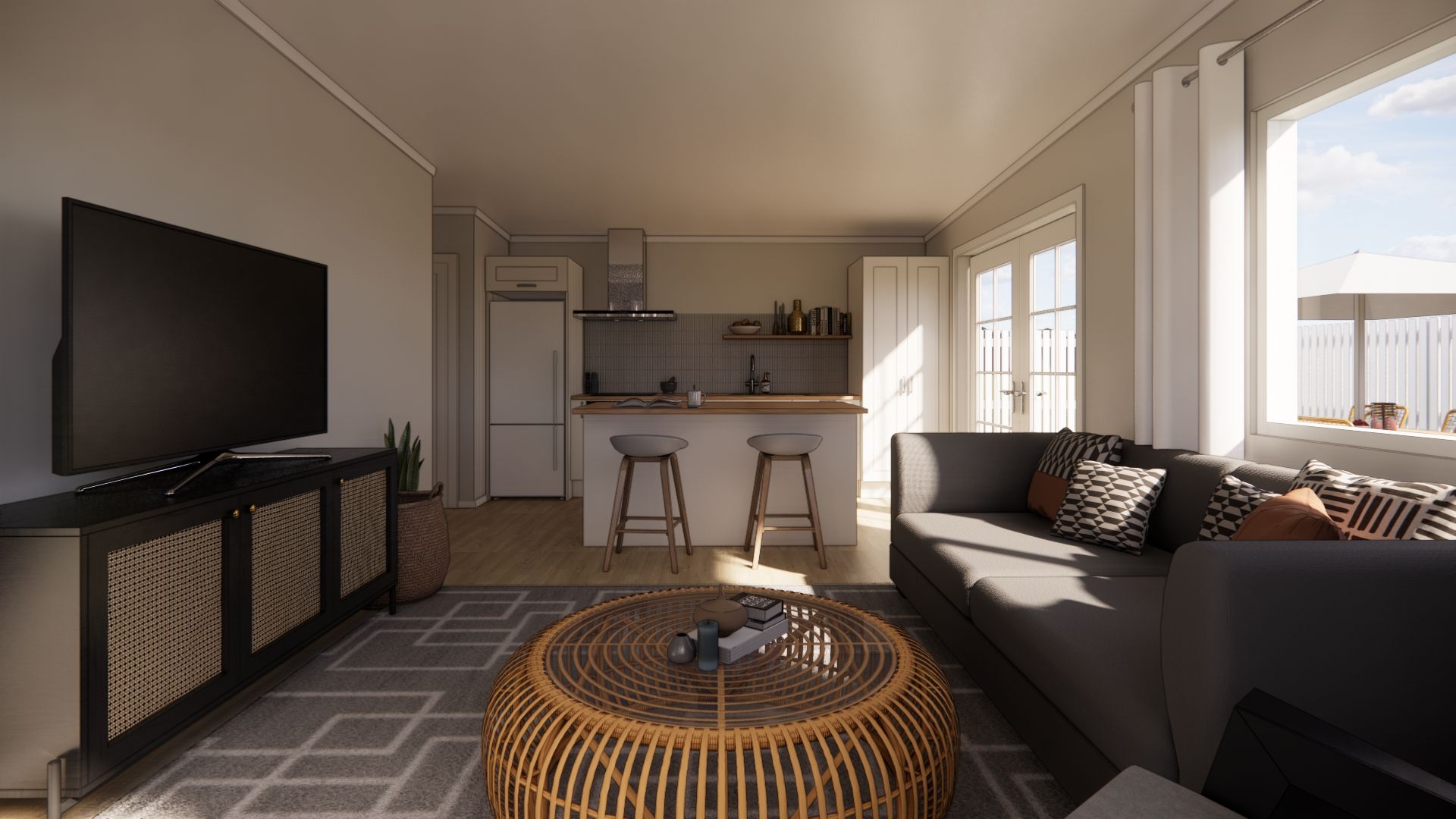A living room with a couch , television , coffee table and stools.