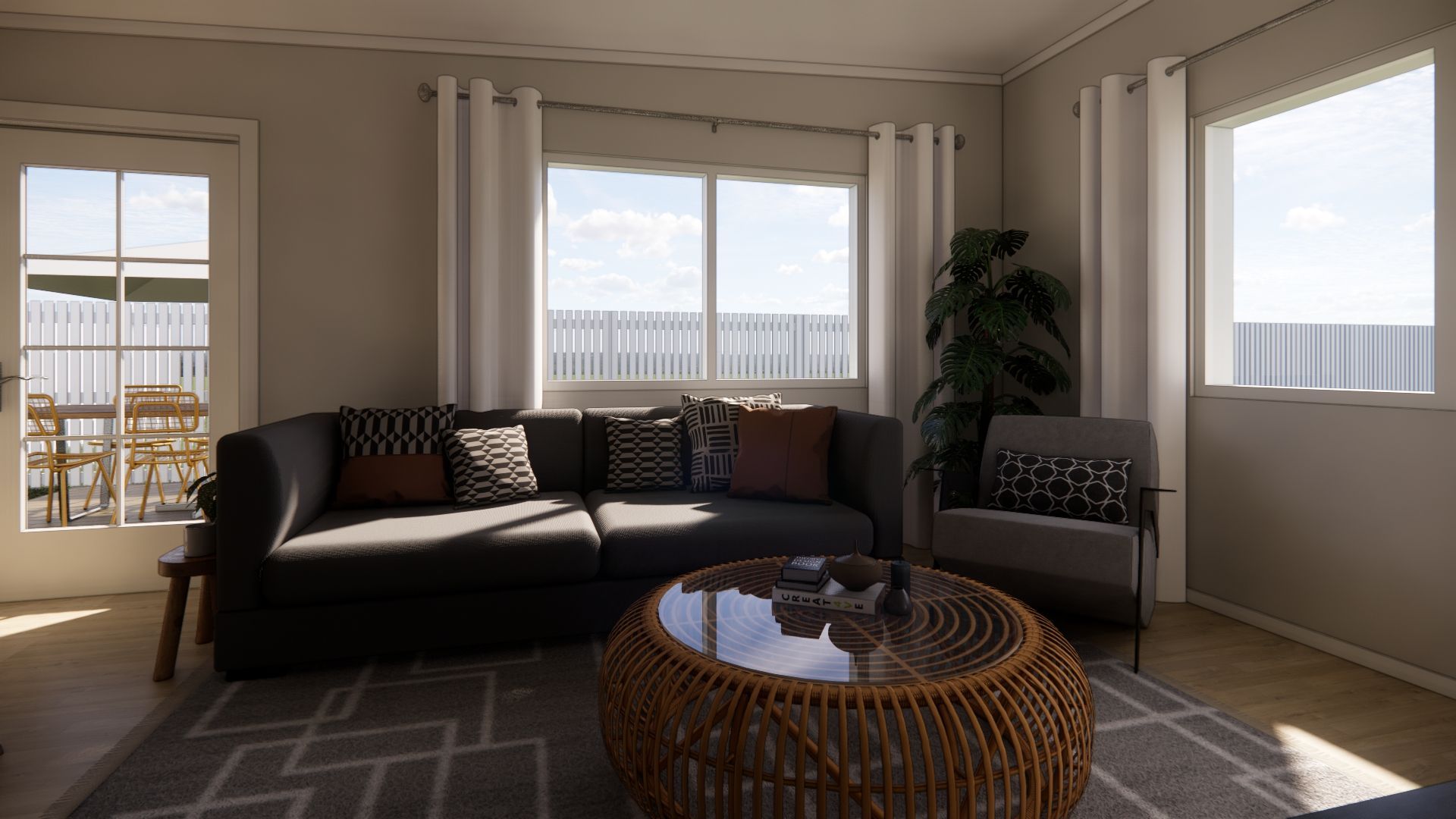 A living room with a couch , chair , coffee table and windows.