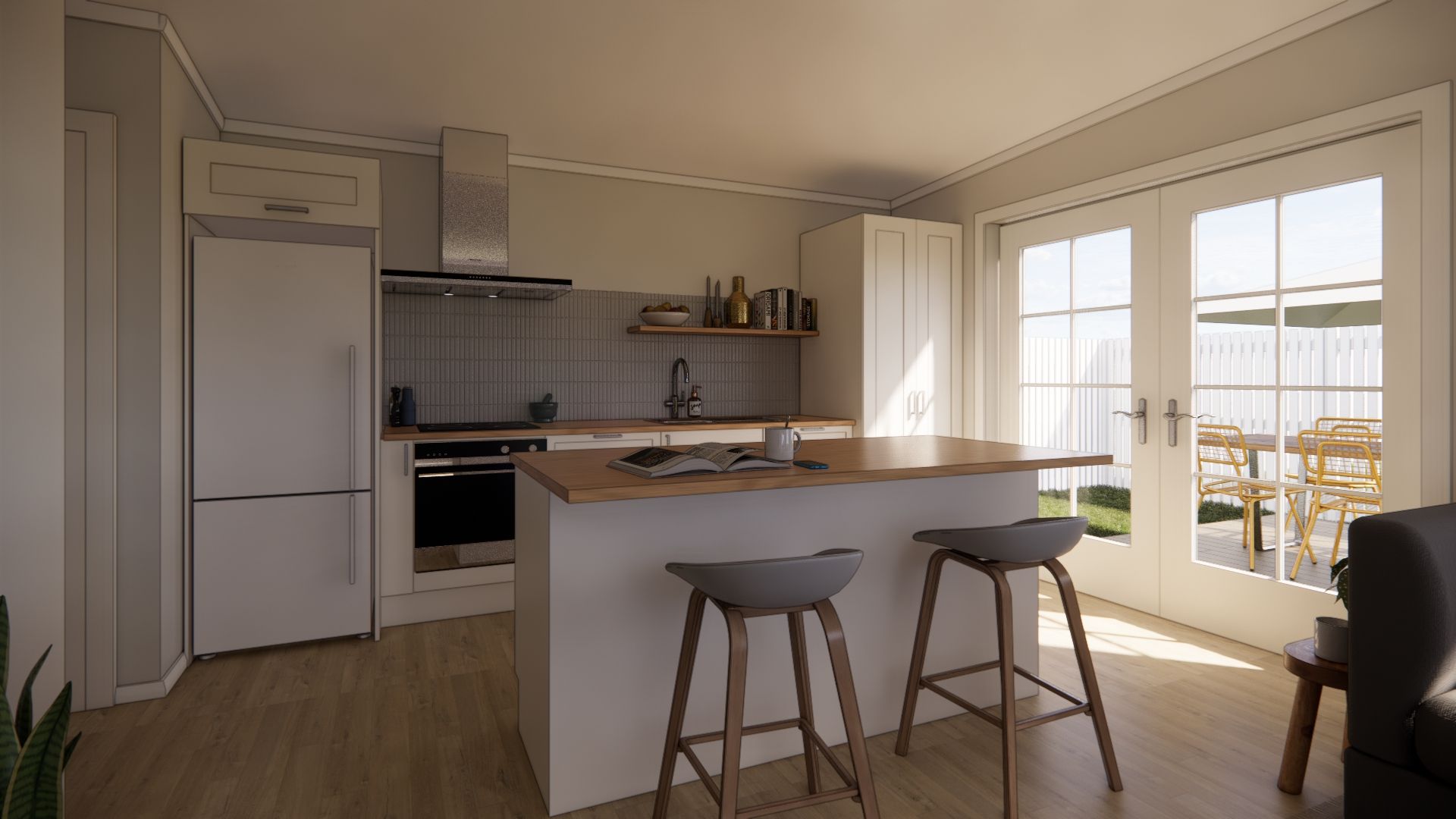 A kitchen with a large island and stools in a living room.
