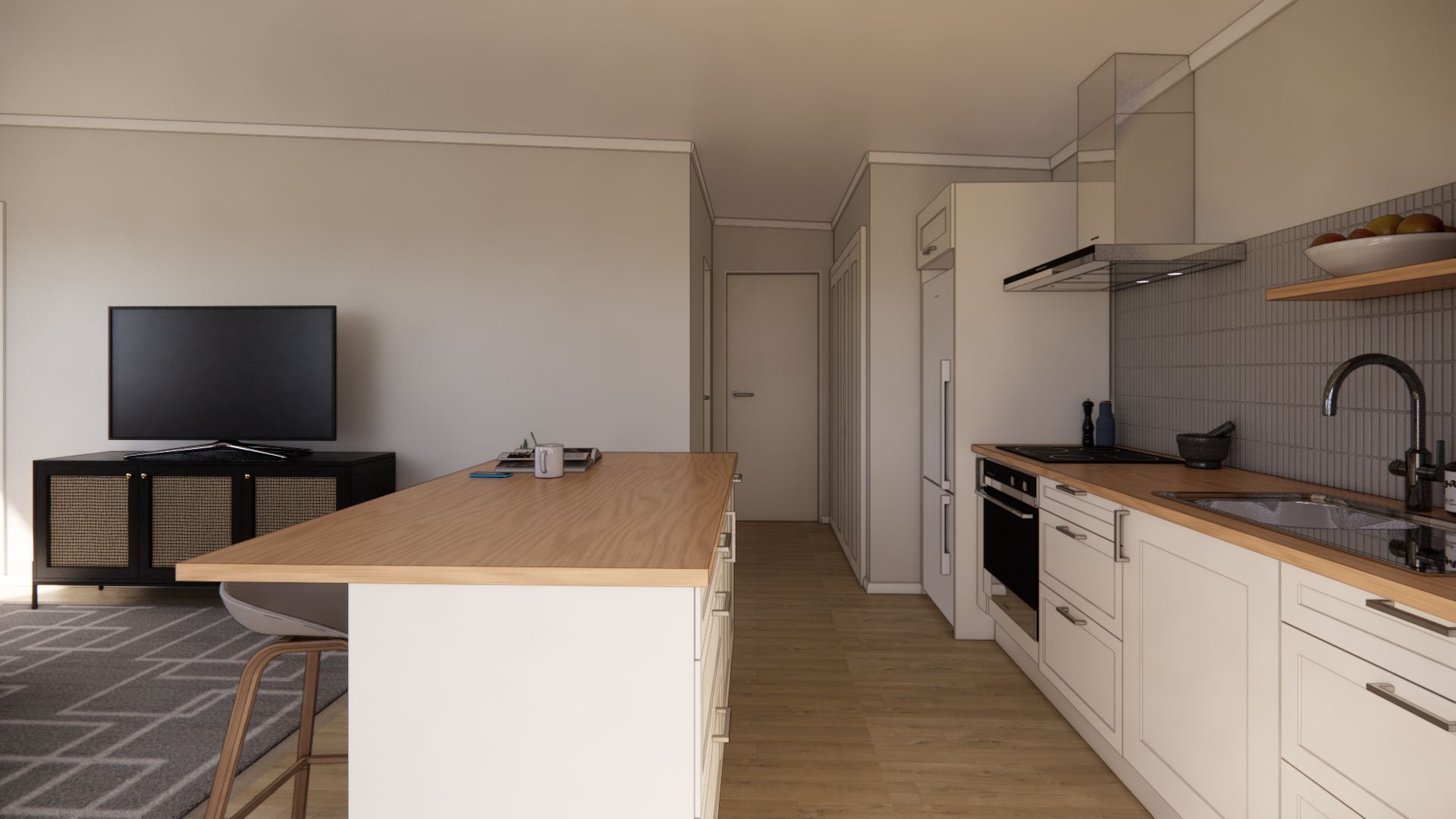 An artist 's impression of a kitchen with white cabinets and wooden counter tops.