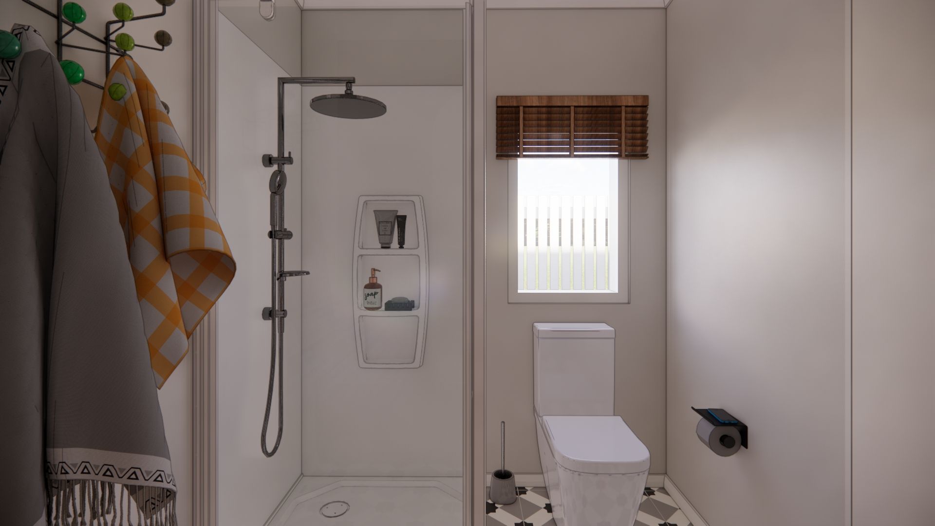 A bathroom with a toilet , shower and window.