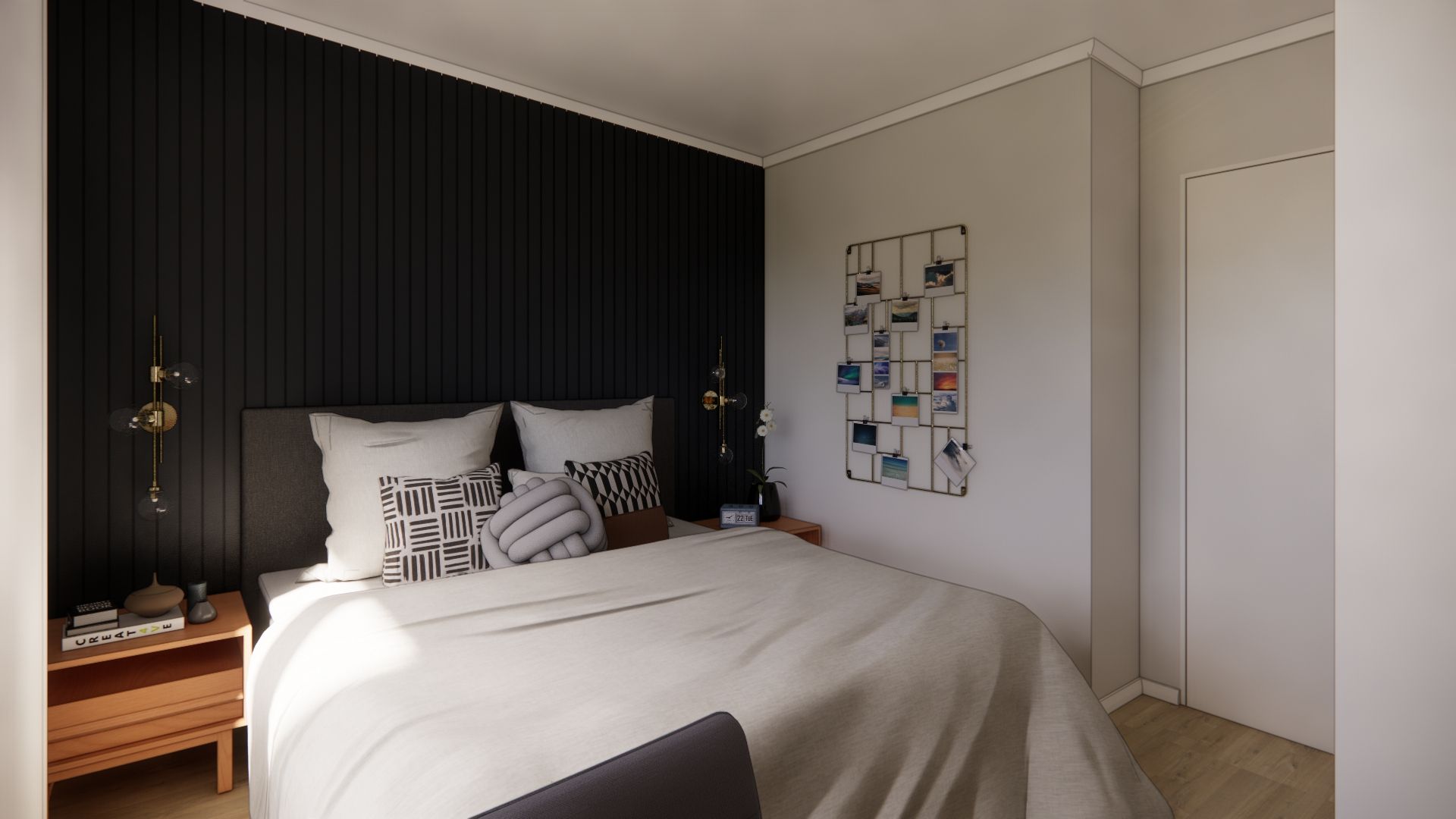 A bedroom with a bed , nightstand , and a painting on the wall.