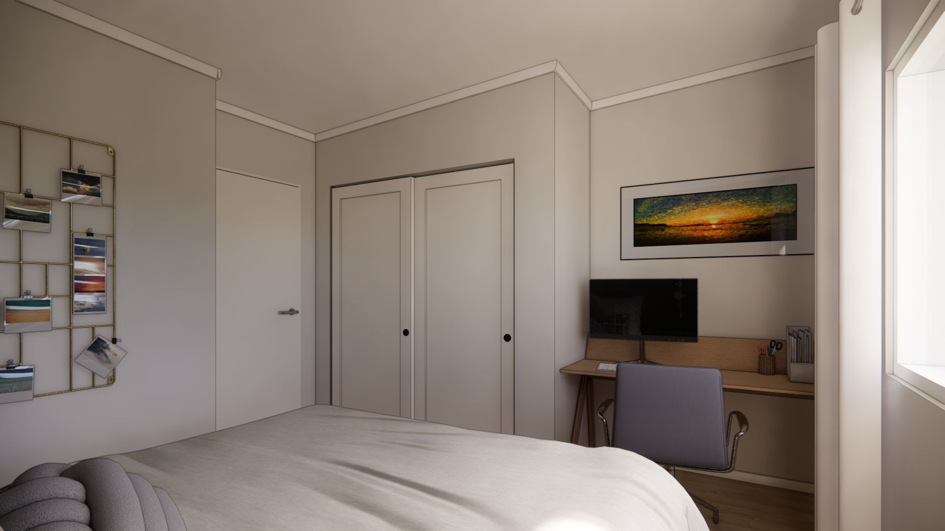 A bedroom with a bed , desk and computer.