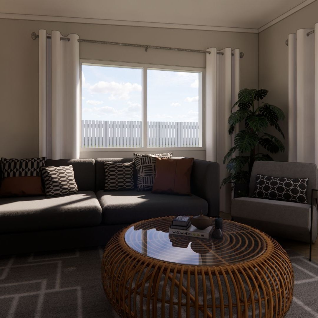 A living room with a couch and a coffee table