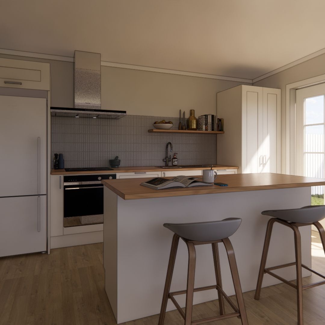 A kitchen with a large island and two stools