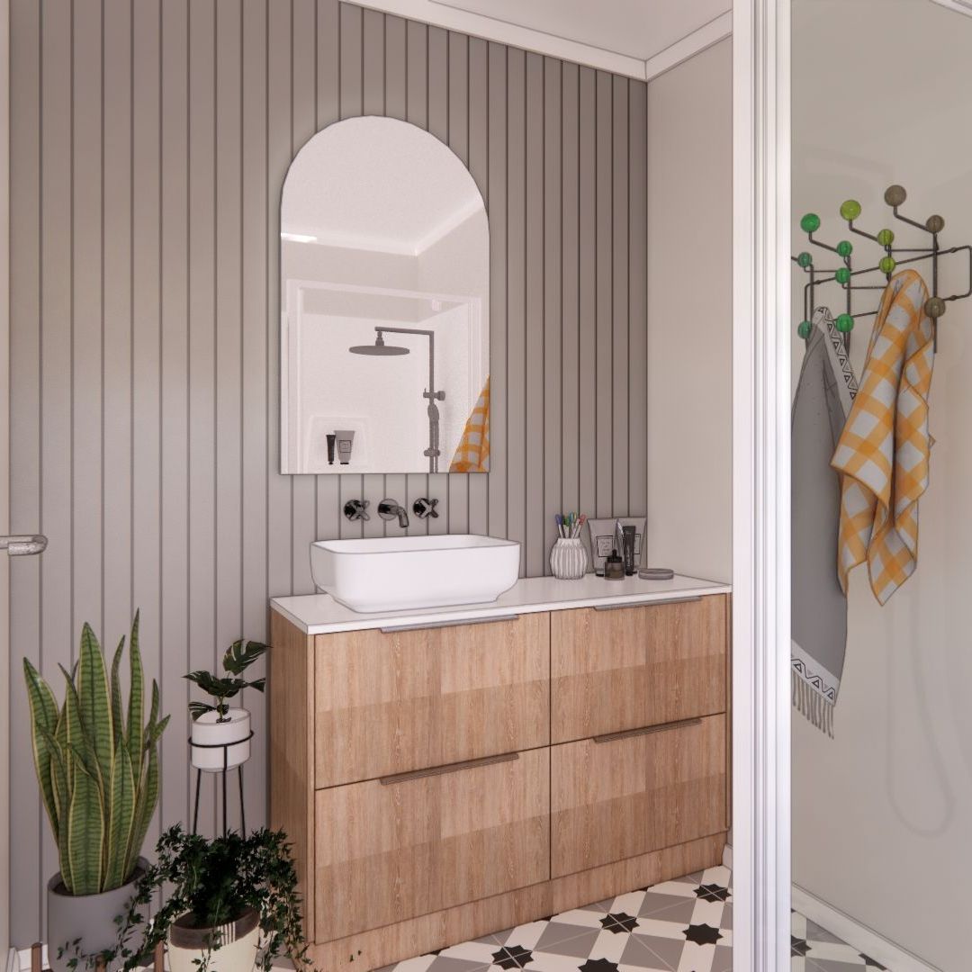 A bathroom with a sink , mirror and shower.