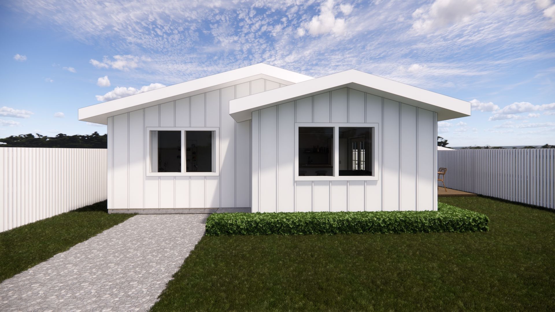 An artist 's impression of a white house with a fence in the background.