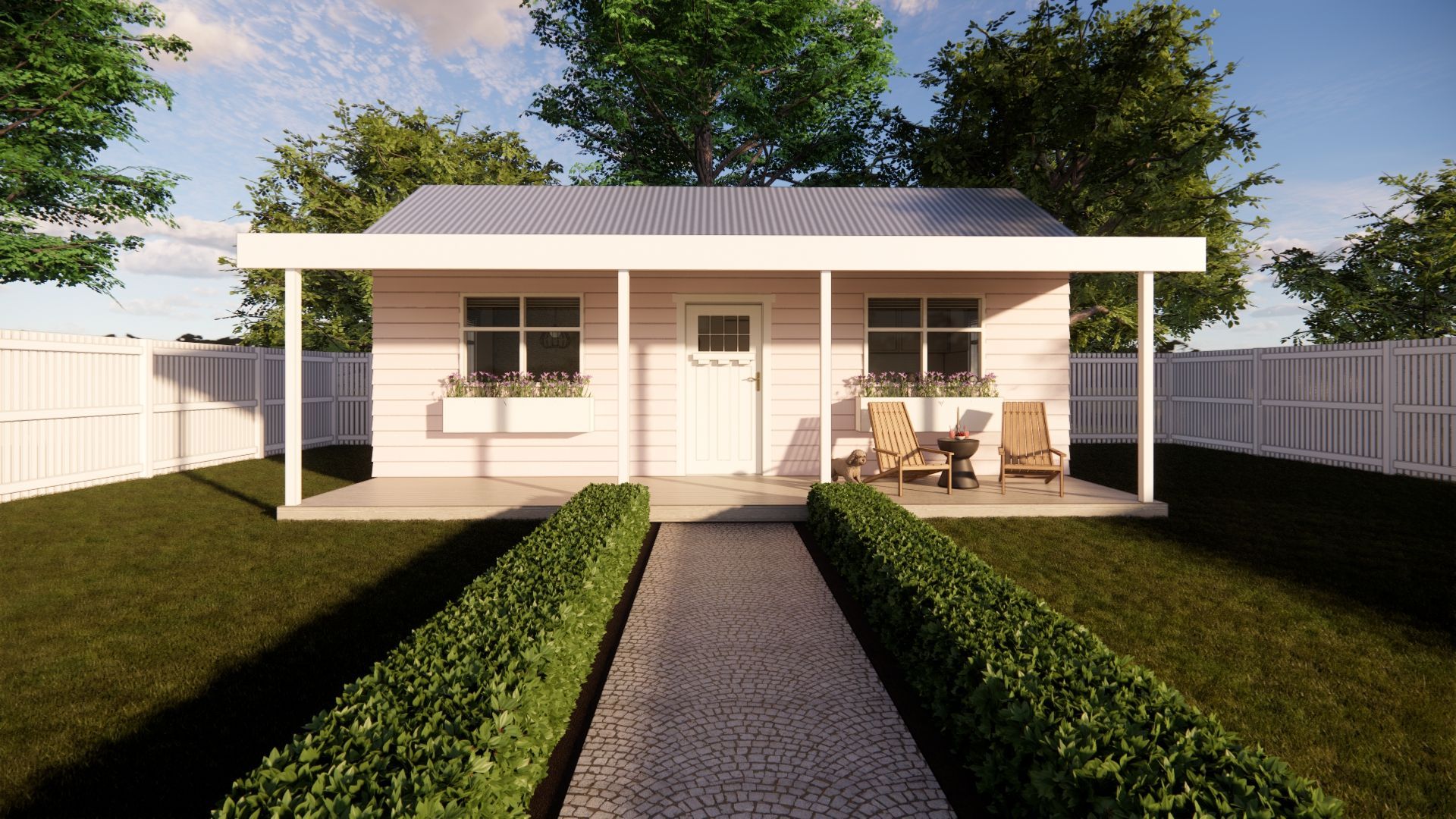A small house with a porch and chairs in the backyard.