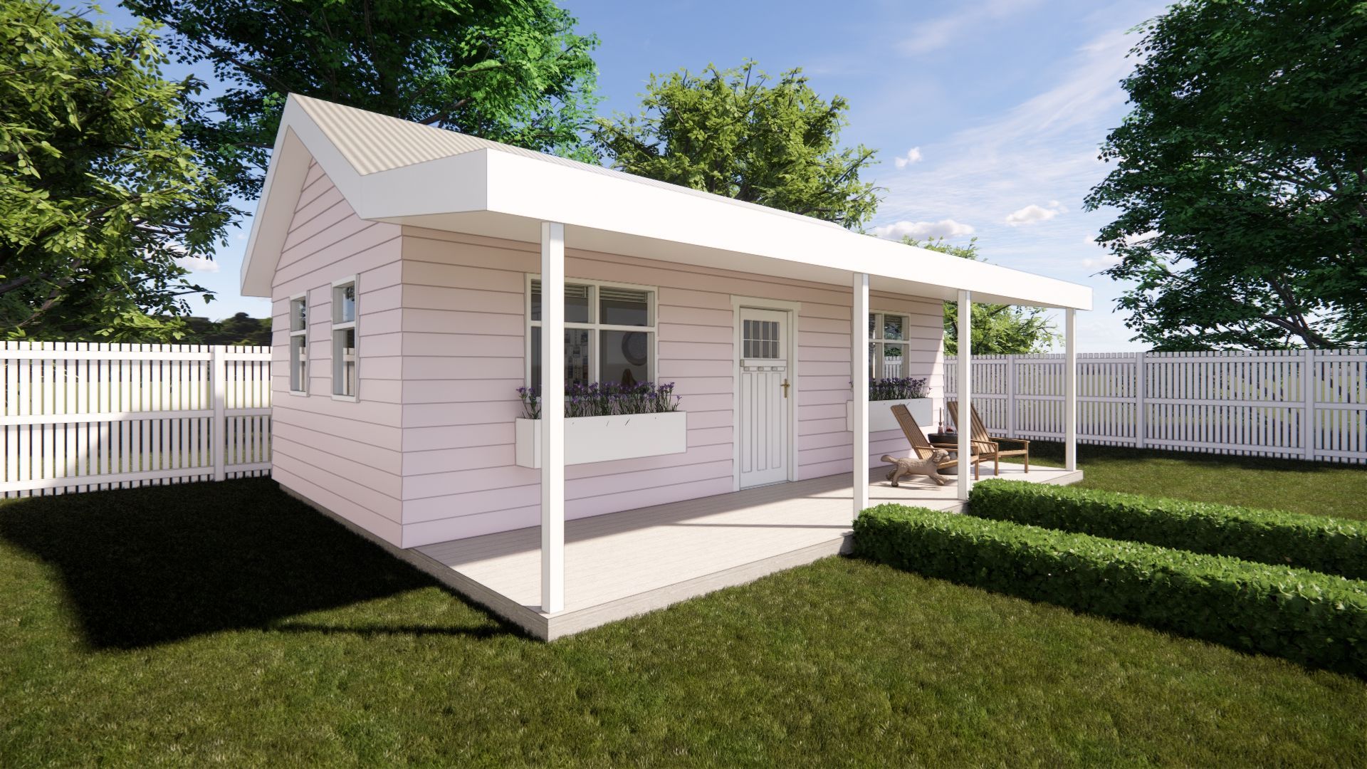 A small white house with a porch and a white fence in the backyard.