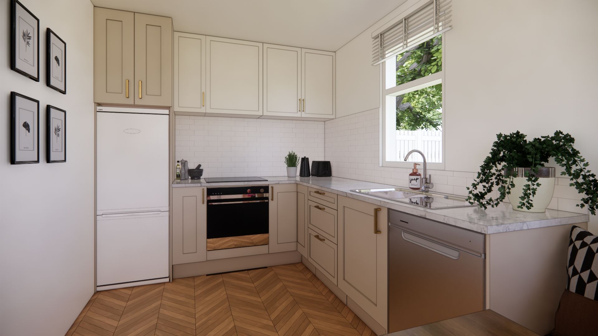 A kitchen with white cabinets , a stove , a refrigerator , a sink , and a window.