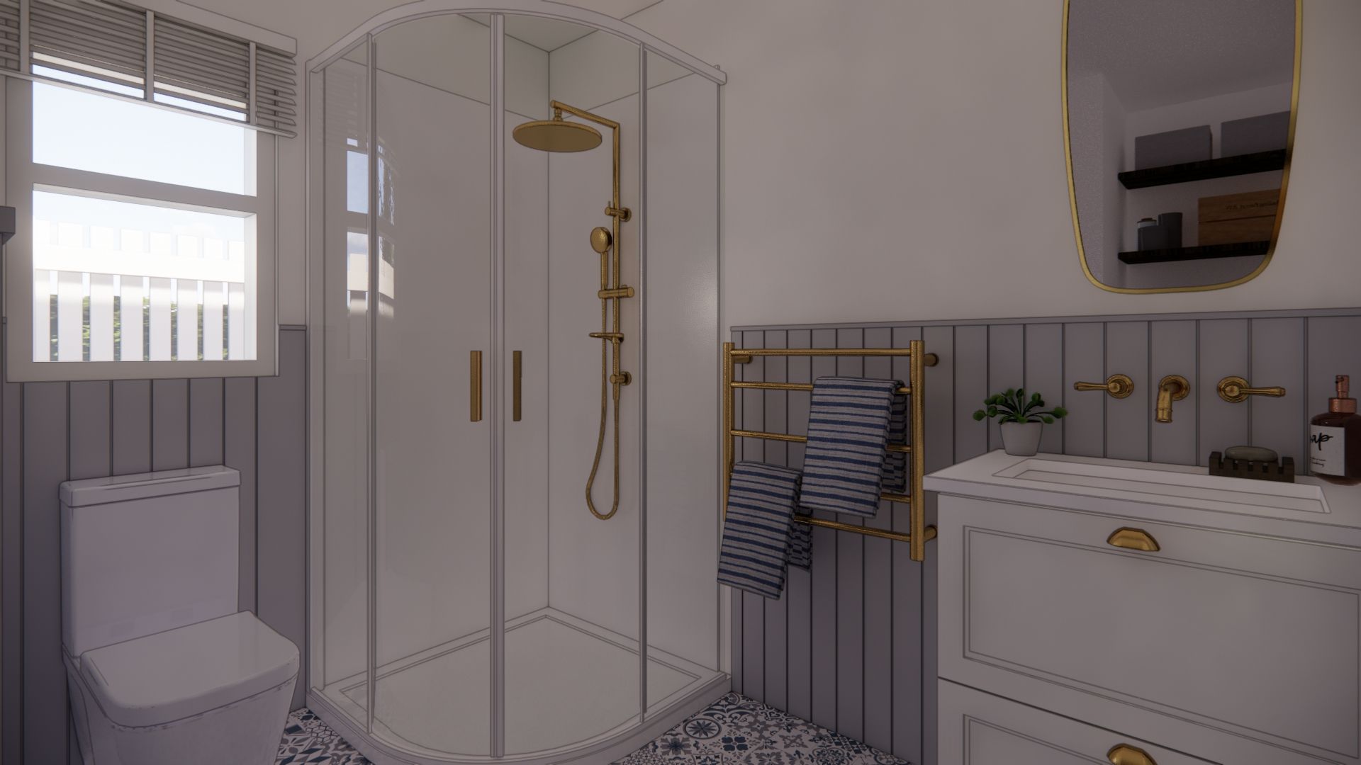 A bathroom with a shower , toilet , sink and mirror.