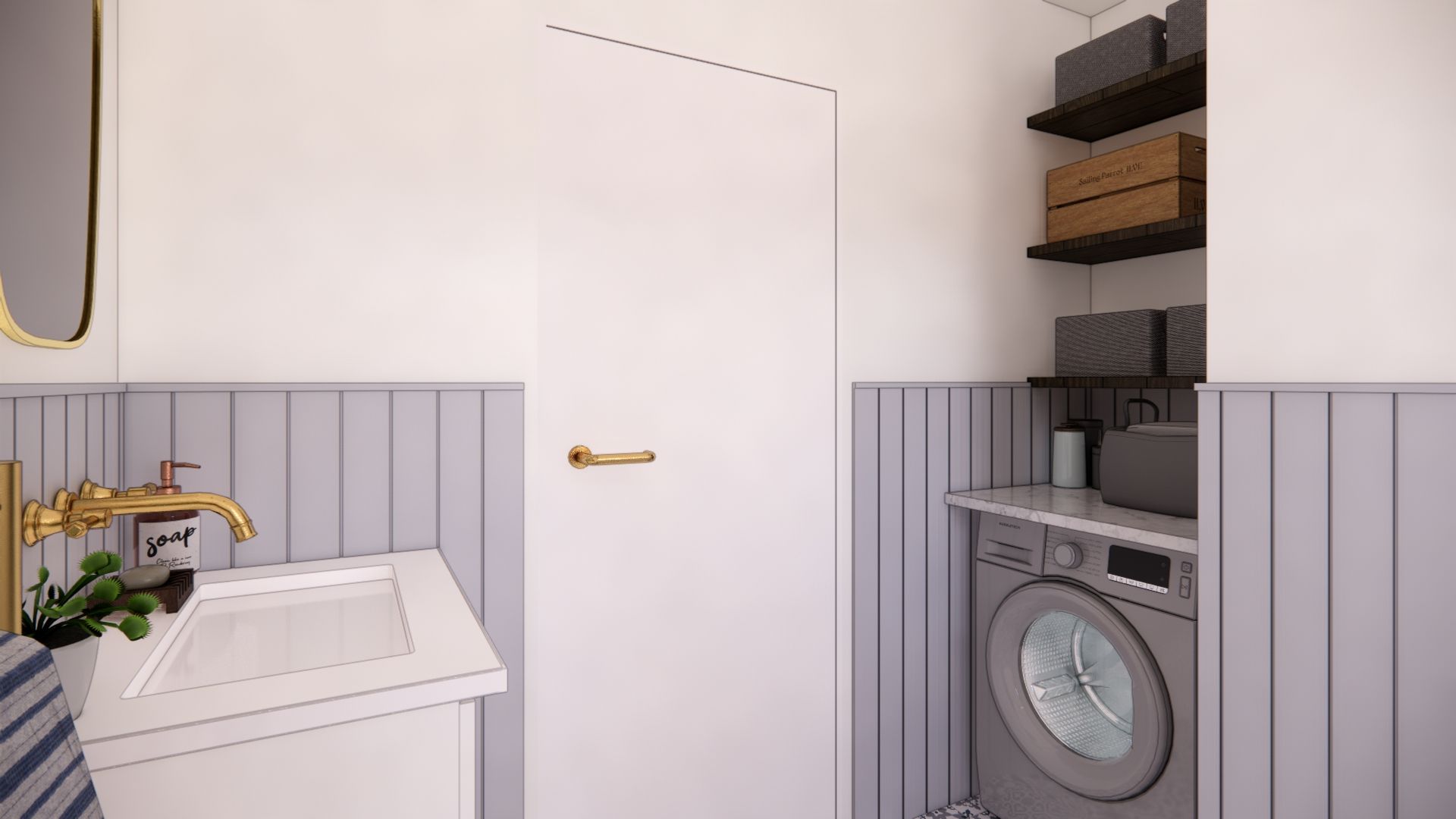 A bathroom with a sink , washer and dryer.