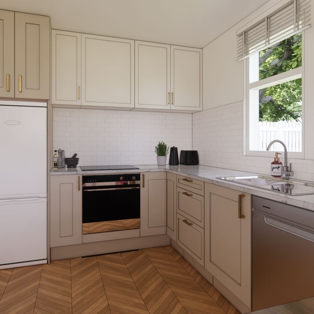 A kitchen with white cabinets and stainless steel appliances