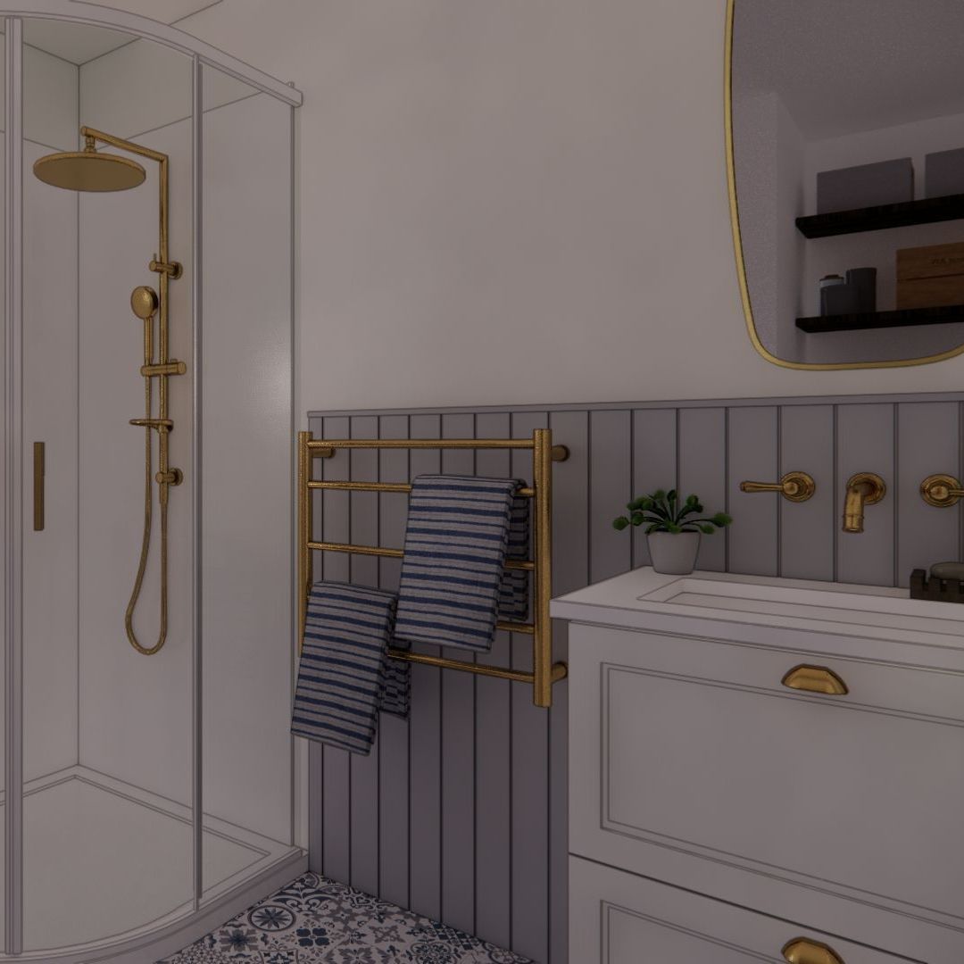 A bathroom with a shower , sink , mirror and towel rack.