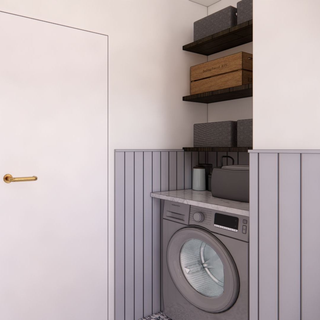 A laundry room with a washing machine and a sink