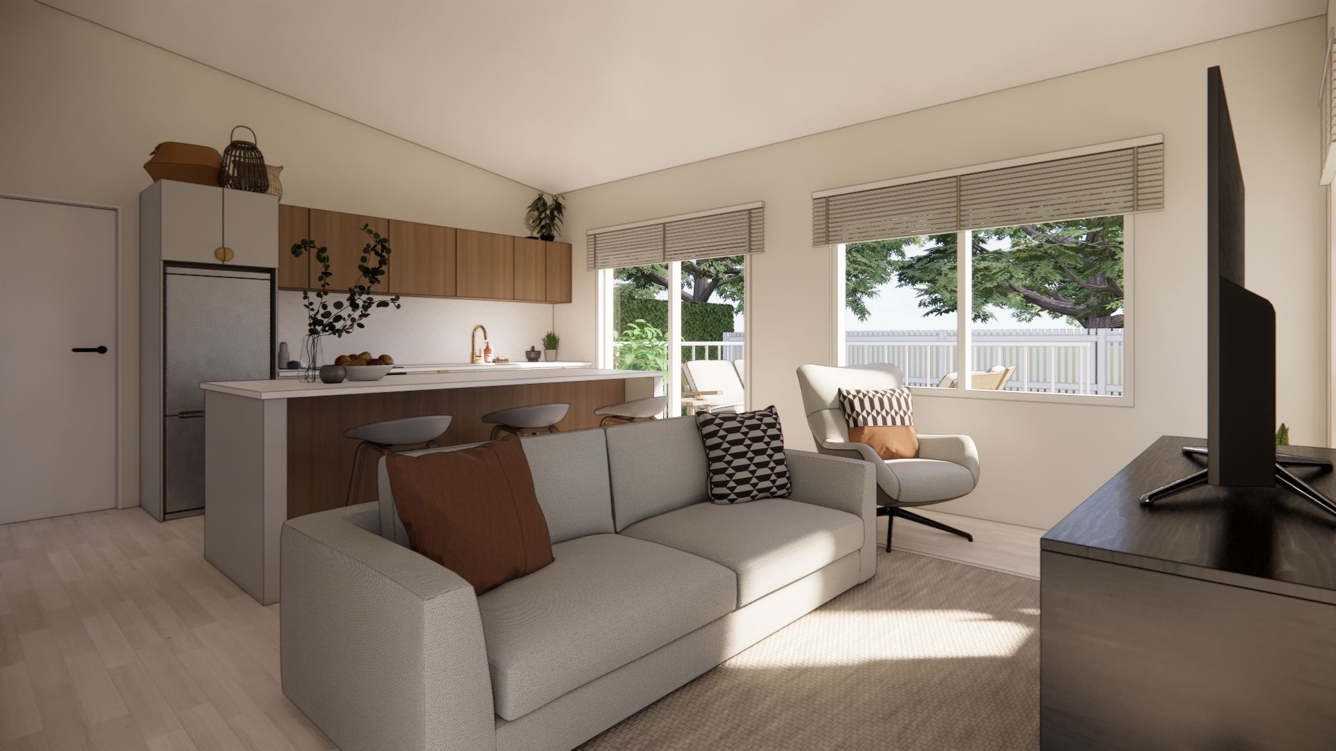 A living room with a couch , chair , and television.