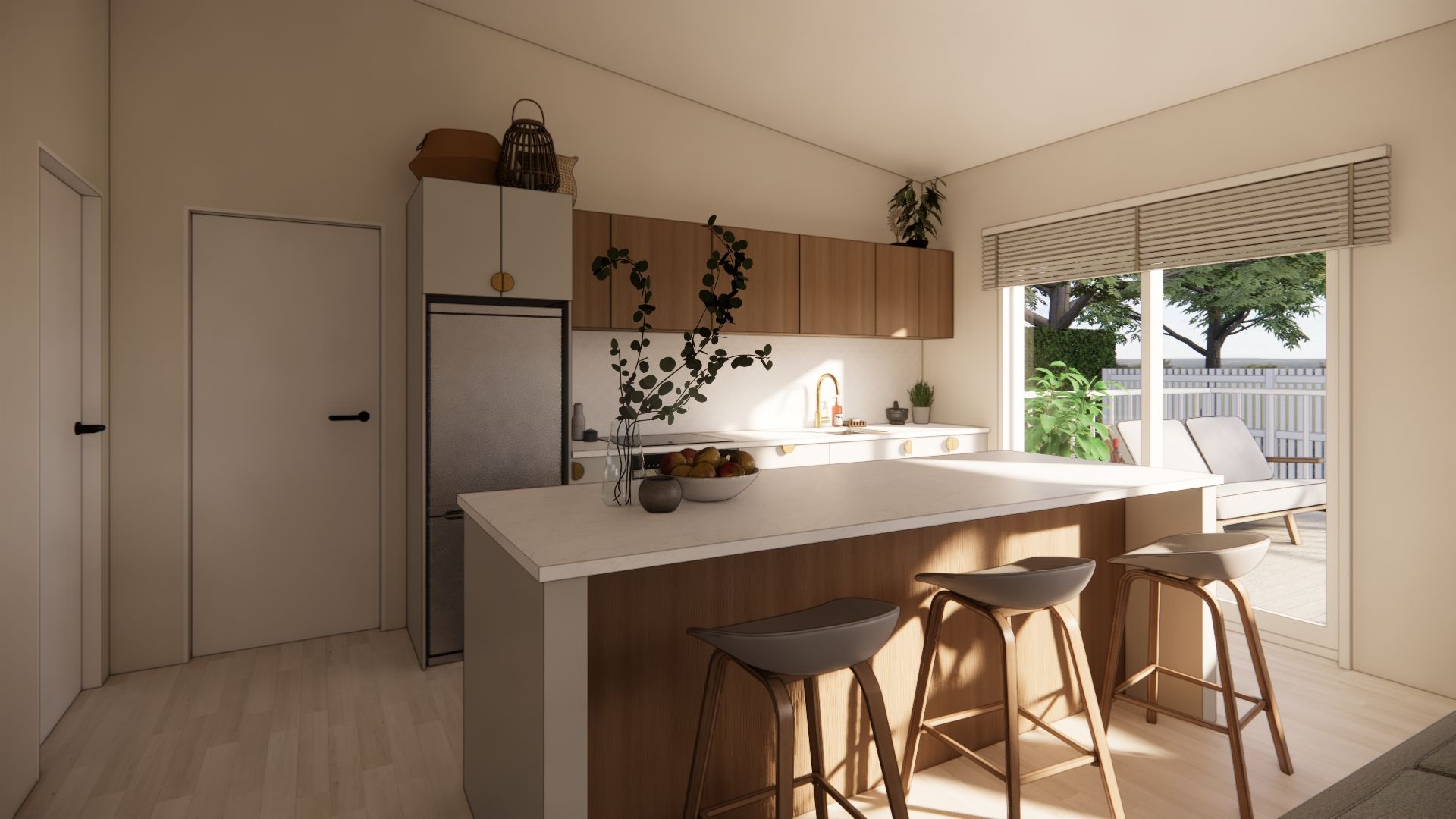 An artist 's impression of a kitchen with a large island and stools.
