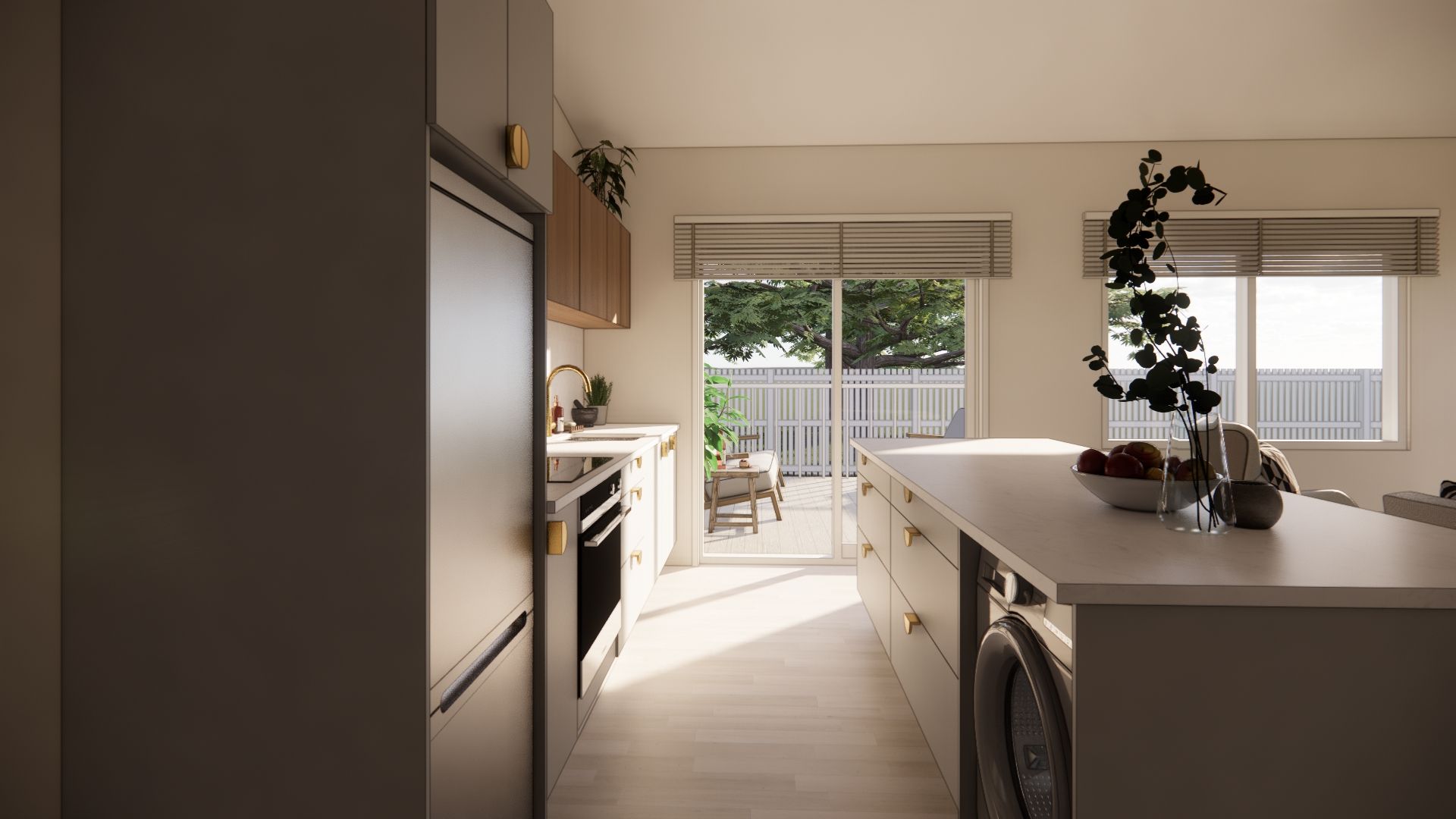 A kitchen with a large island and a sliding glass door leading to a patio.